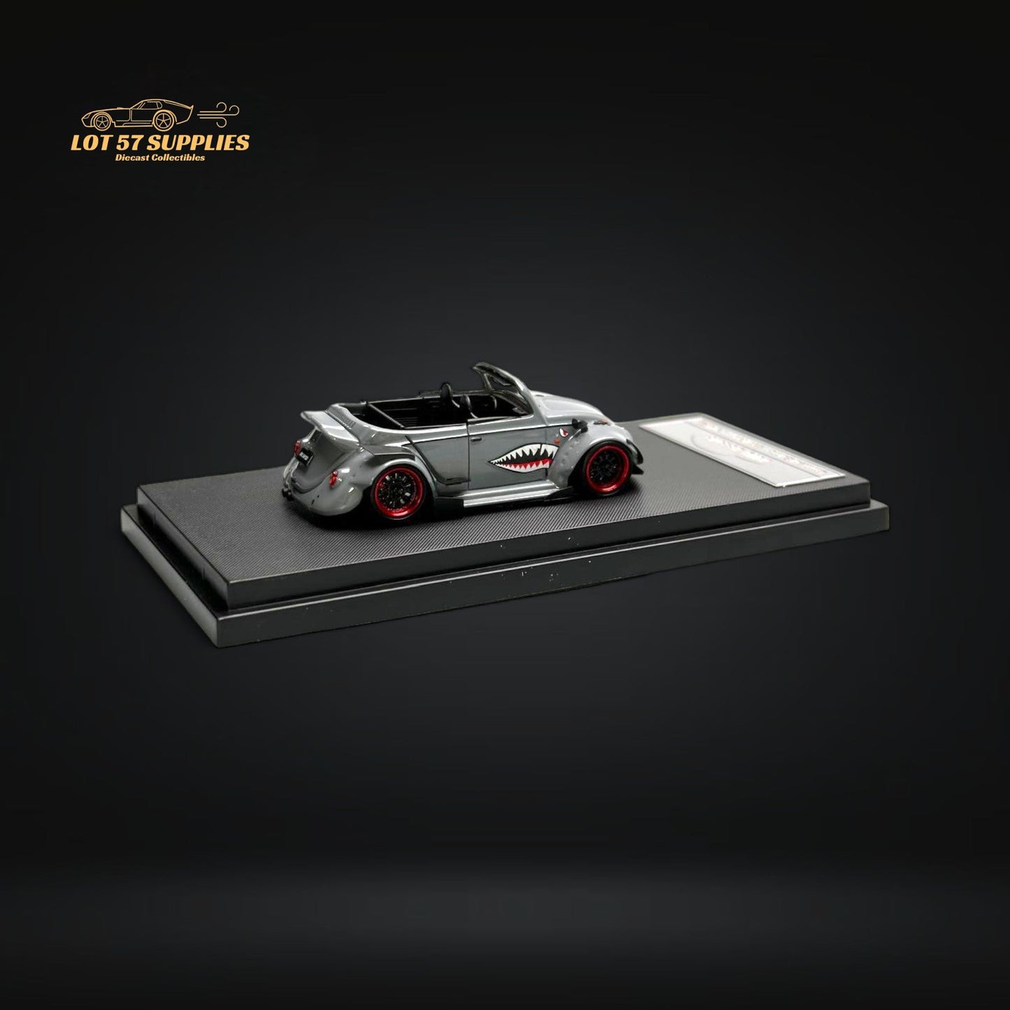 Gray VW Beetle convertible diecast model with shark mouth design, 1:64 scale by HKM, detailed toy car for collectors.