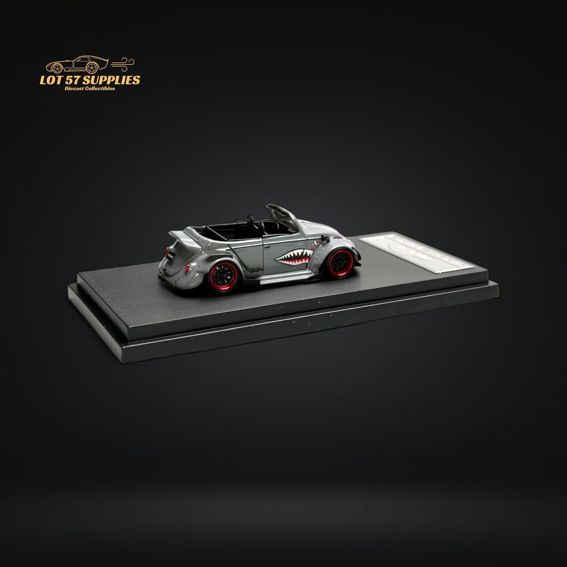 Gray VW Beetle convertible diecast model with shark mouth design, 1:64 scale by HKM, detailed toy car for collectors.