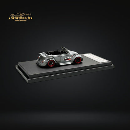 Gray VW Beetle convertible diecast model with shark mouth design, 1:64 scale by HKM, detailed toy car for collectors.