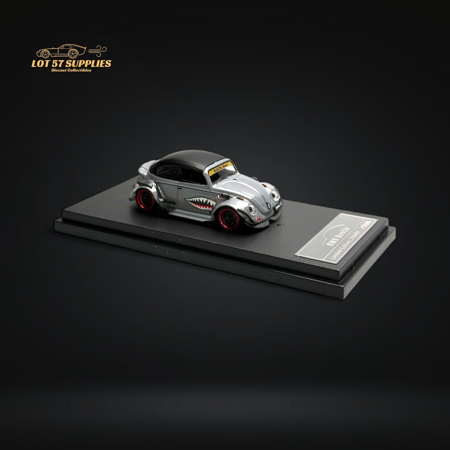 Gray HKM 1:64 Volkswagen VW Beetle Convertible diecast model with shark mouth design, detailed miniature collectible.