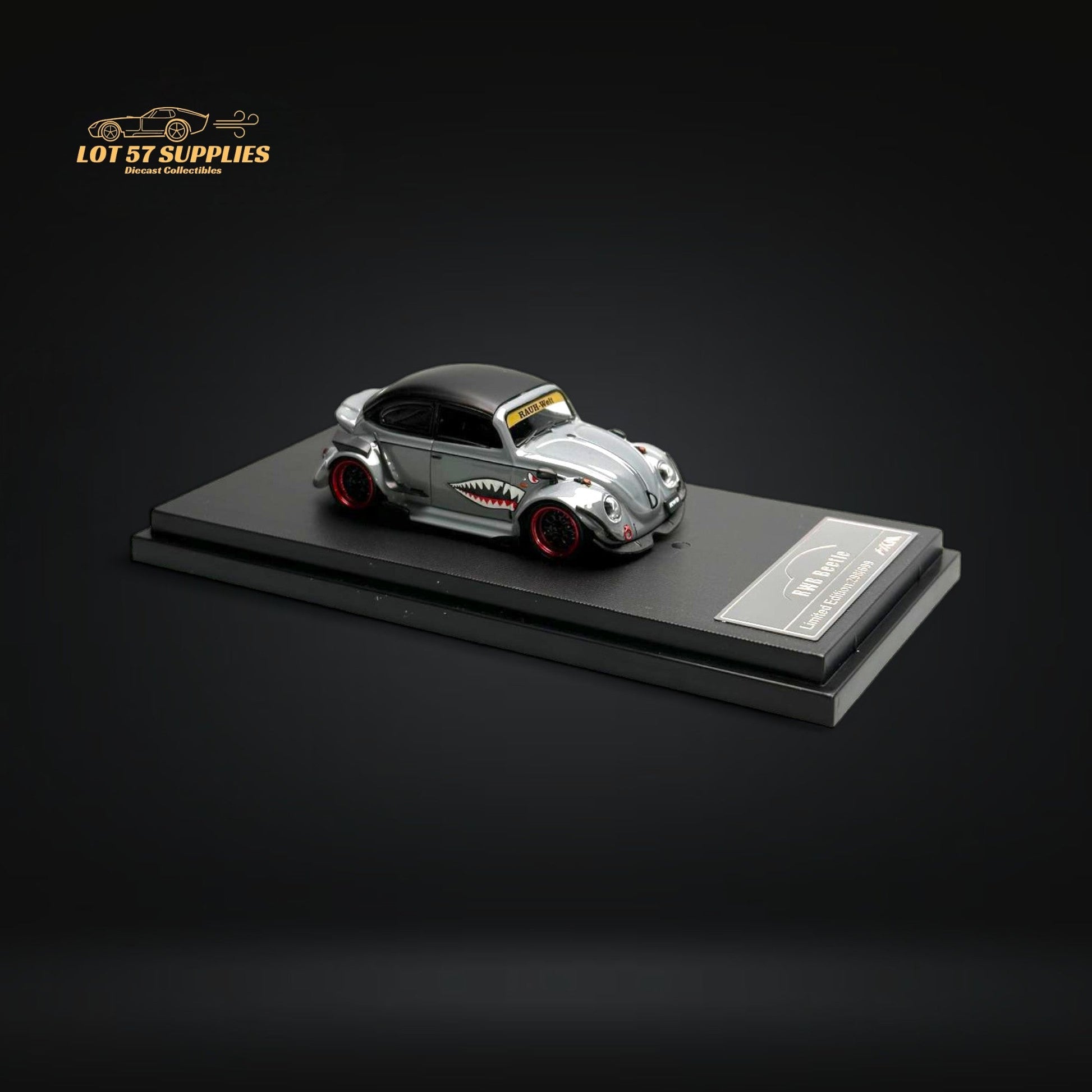 Gray HKM 1:64 Volkswagen VW Beetle Convertible diecast model with shark mouth design, detailed miniature collectible.