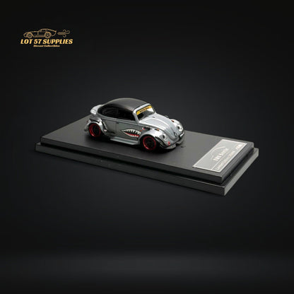 Gray HKM 1:64 Volkswagen VW Beetle Convertible diecast model with shark mouth design, detailed miniature collectible.