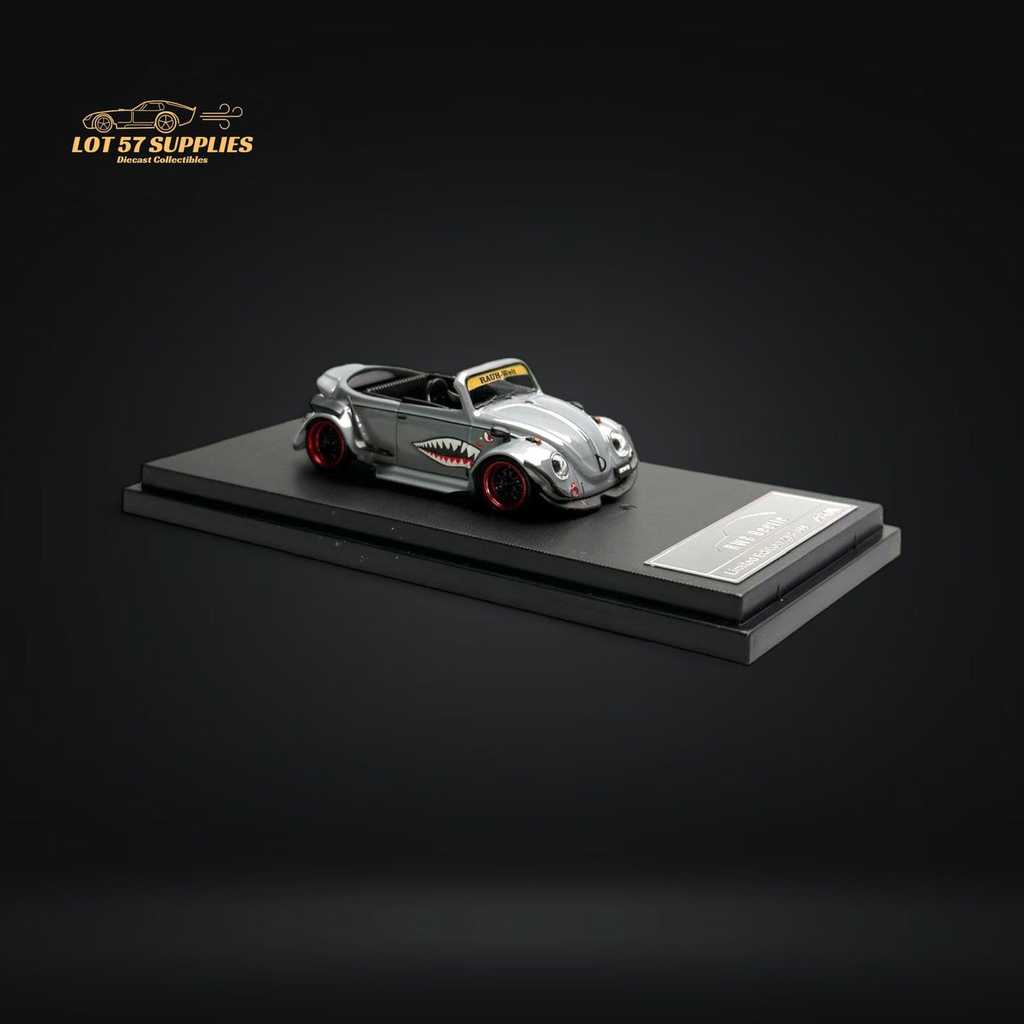 Grey VW Beetle Convertible diecast model with shark mouth design, 1:64 scale by HKM, detailed miniature vehicle.