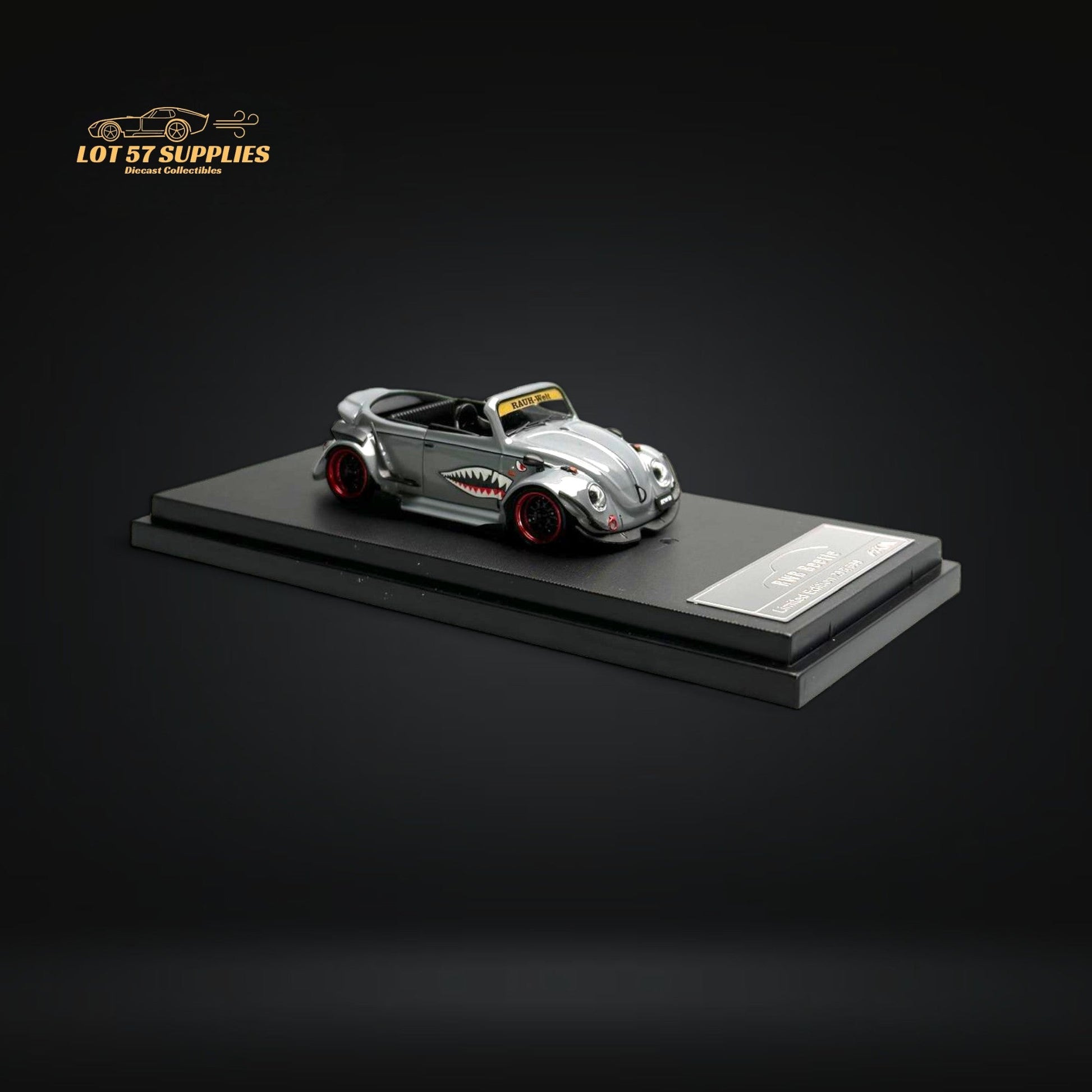 Grey VW Beetle Convertible diecast model with shark mouth design, 1:64 scale by HKM, detailed miniature vehicle.