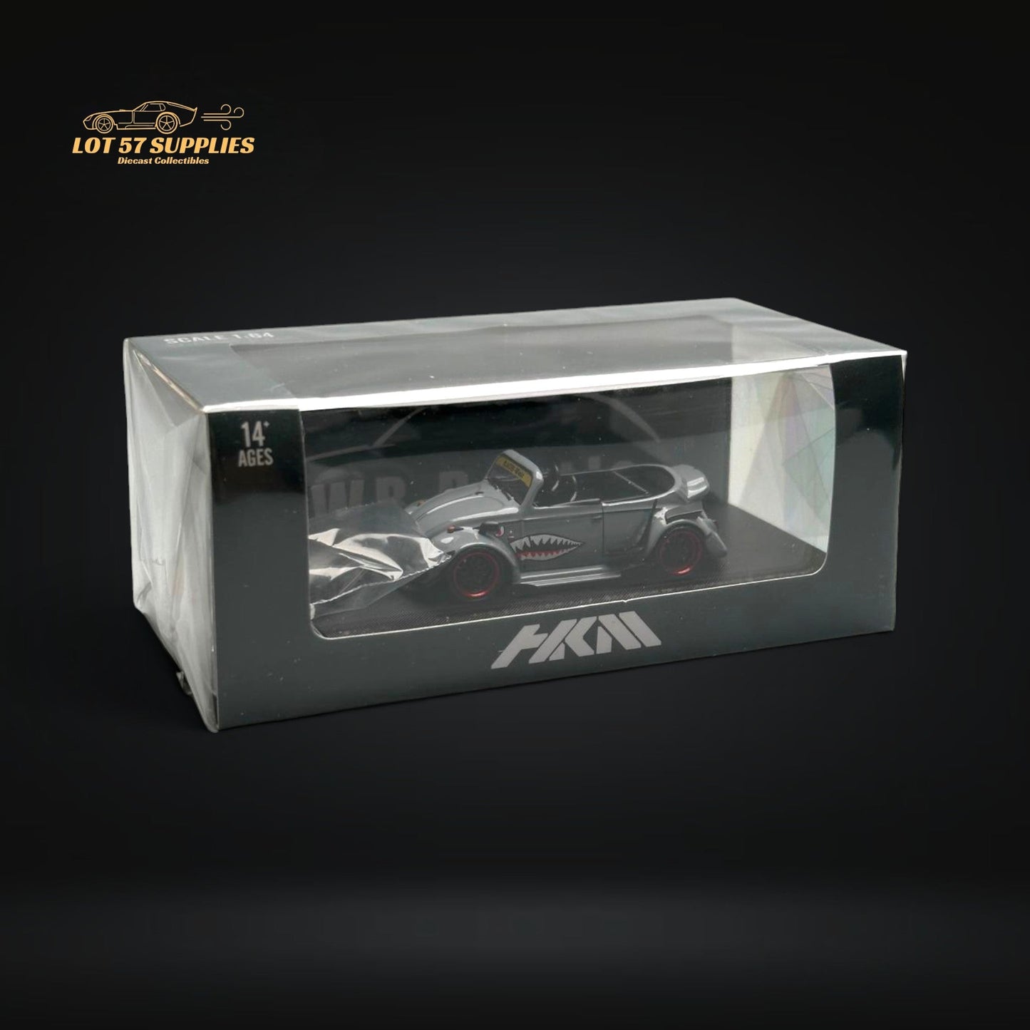 Grey HKM Volkswagen VW Beetle Convertible diecast model with shark mouth design, 1:64 scale, detailed collectible toy.