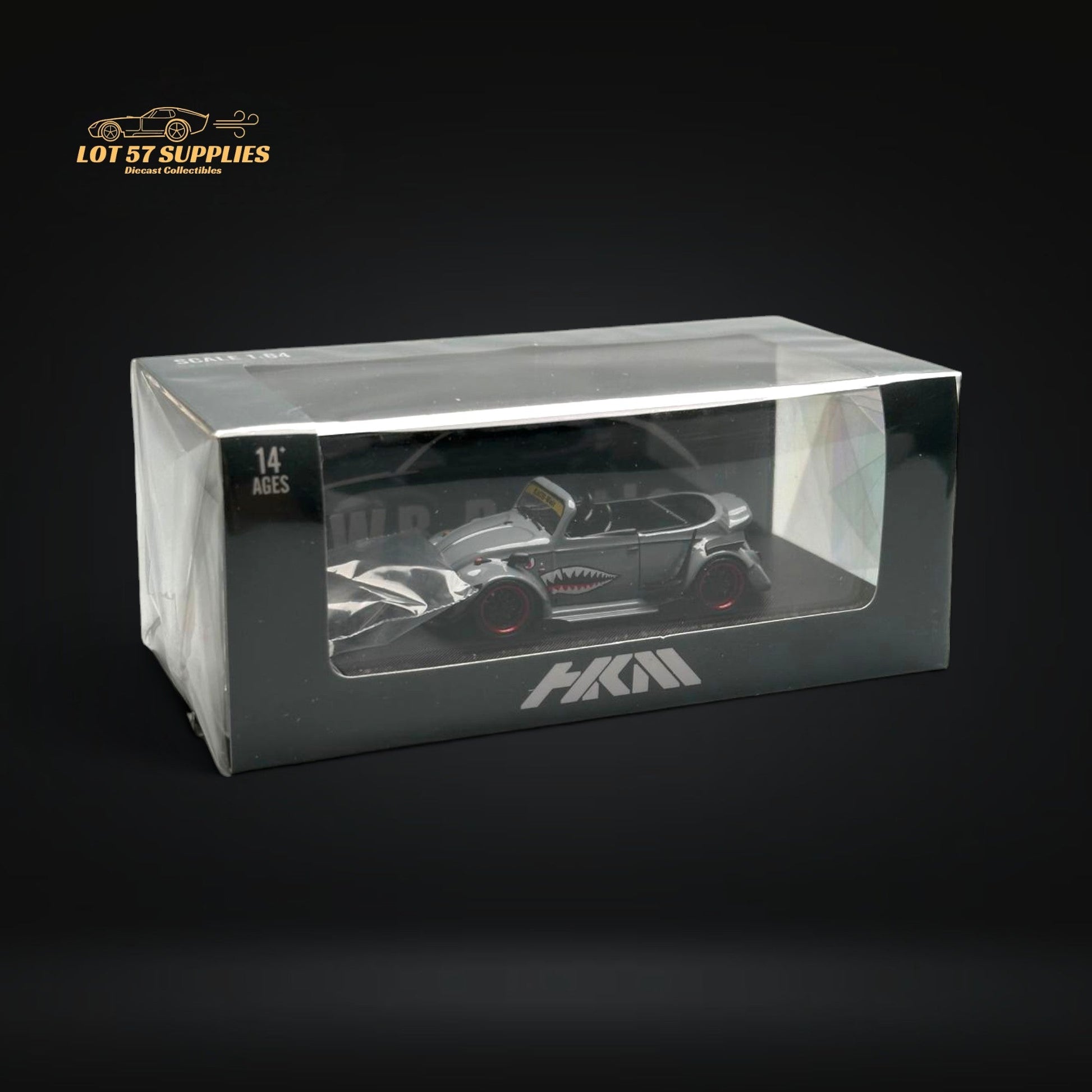 Grey HKM Volkswagen VW Beetle Convertible diecast model with shark mouth design, 1:64 scale, detailed collectible toy.