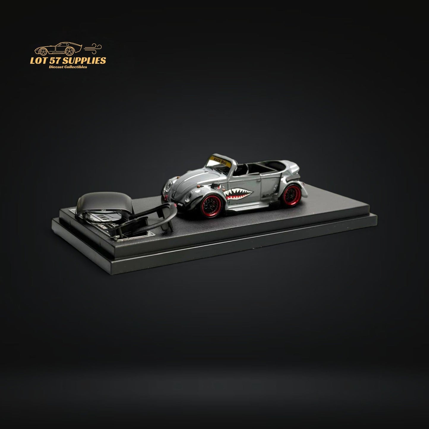Gray HKM Model VW Beetle Convertible diecast car with shark mouth design, 1:64 scale from Lot57Supplies Diecast Shop.