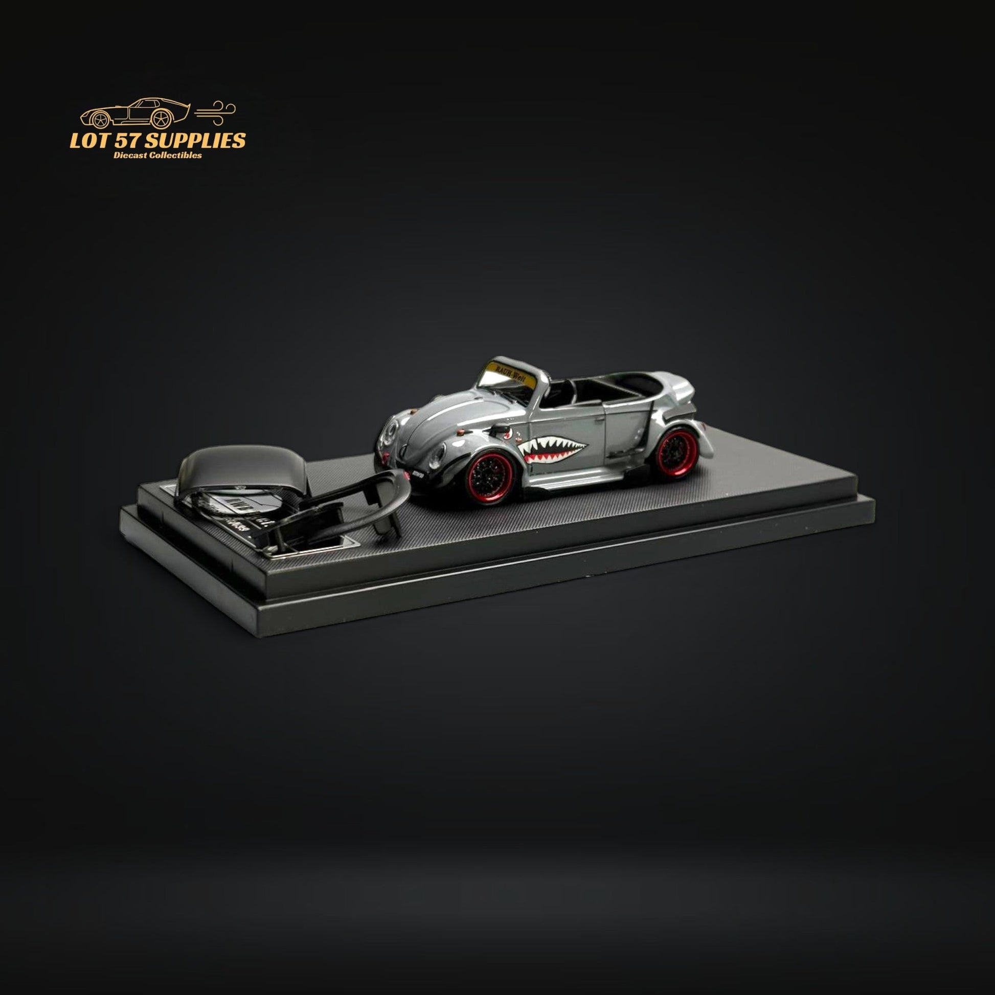 Gray HKM Model VW Beetle Convertible diecast car with shark mouth design, 1:64 scale from Lot57Supplies Diecast Shop.