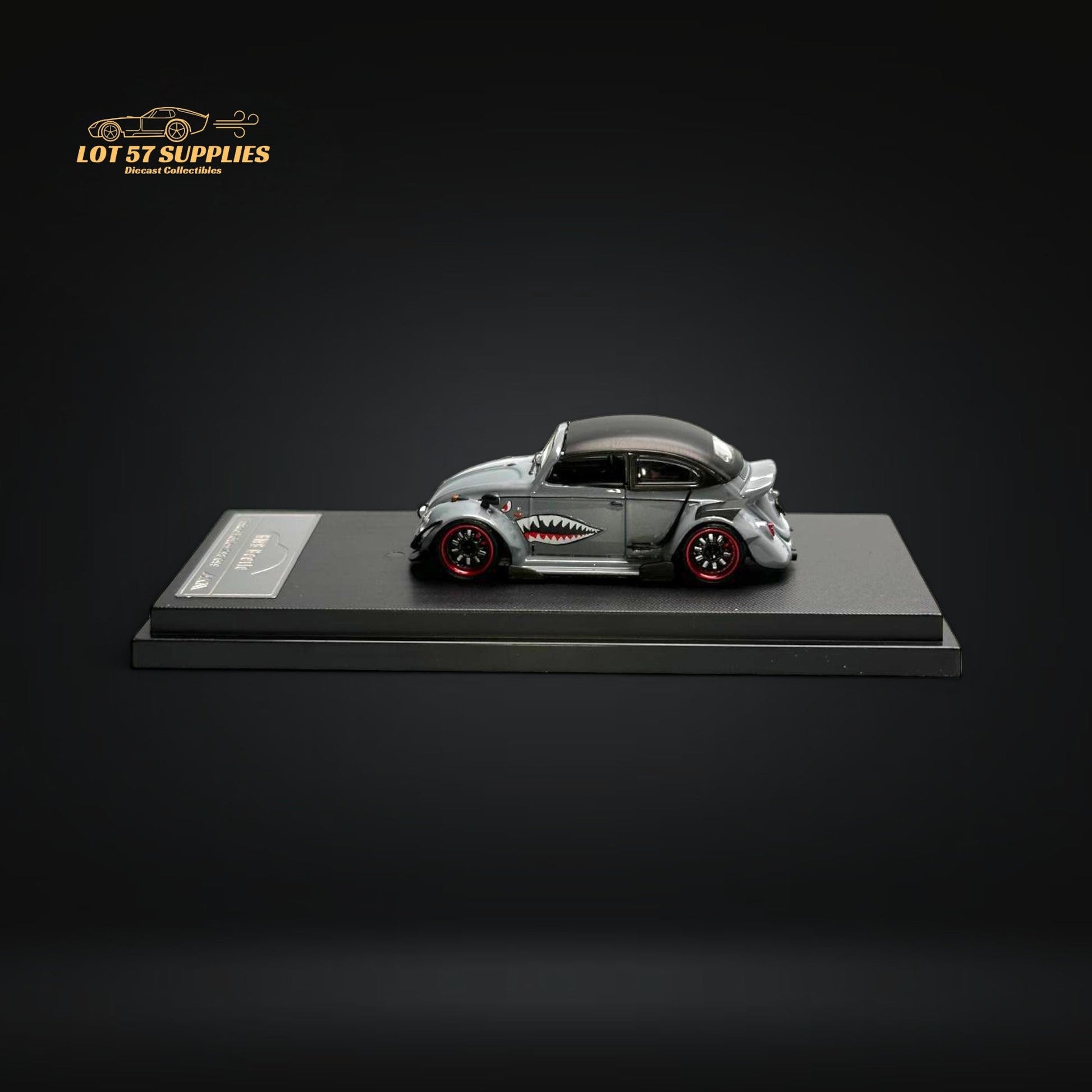 Grey HKM Model VW Beetle Convertible diecast car in 1:64 scale with shark mouth design, featuring detailed exterior and realistic features.