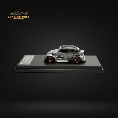 Grey HKM Model VW Beetle Convertible diecast car in 1:64 scale with shark mouth design, featuring detailed exterior and realistic features.