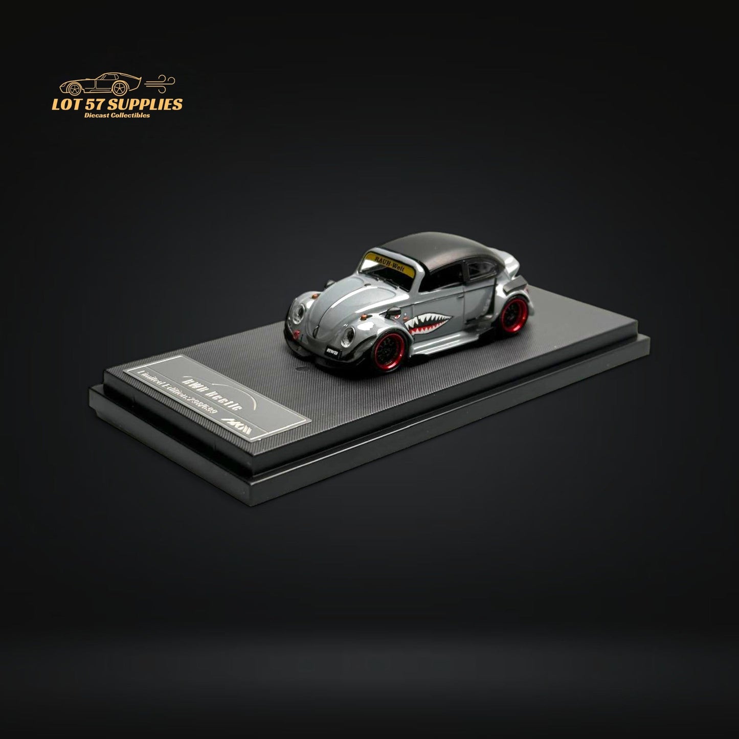 Grey HKM VW Beetle Convertible diecast model in 1:64 scale with shark mouth design, from Lot57Supplies Diecast Shop.