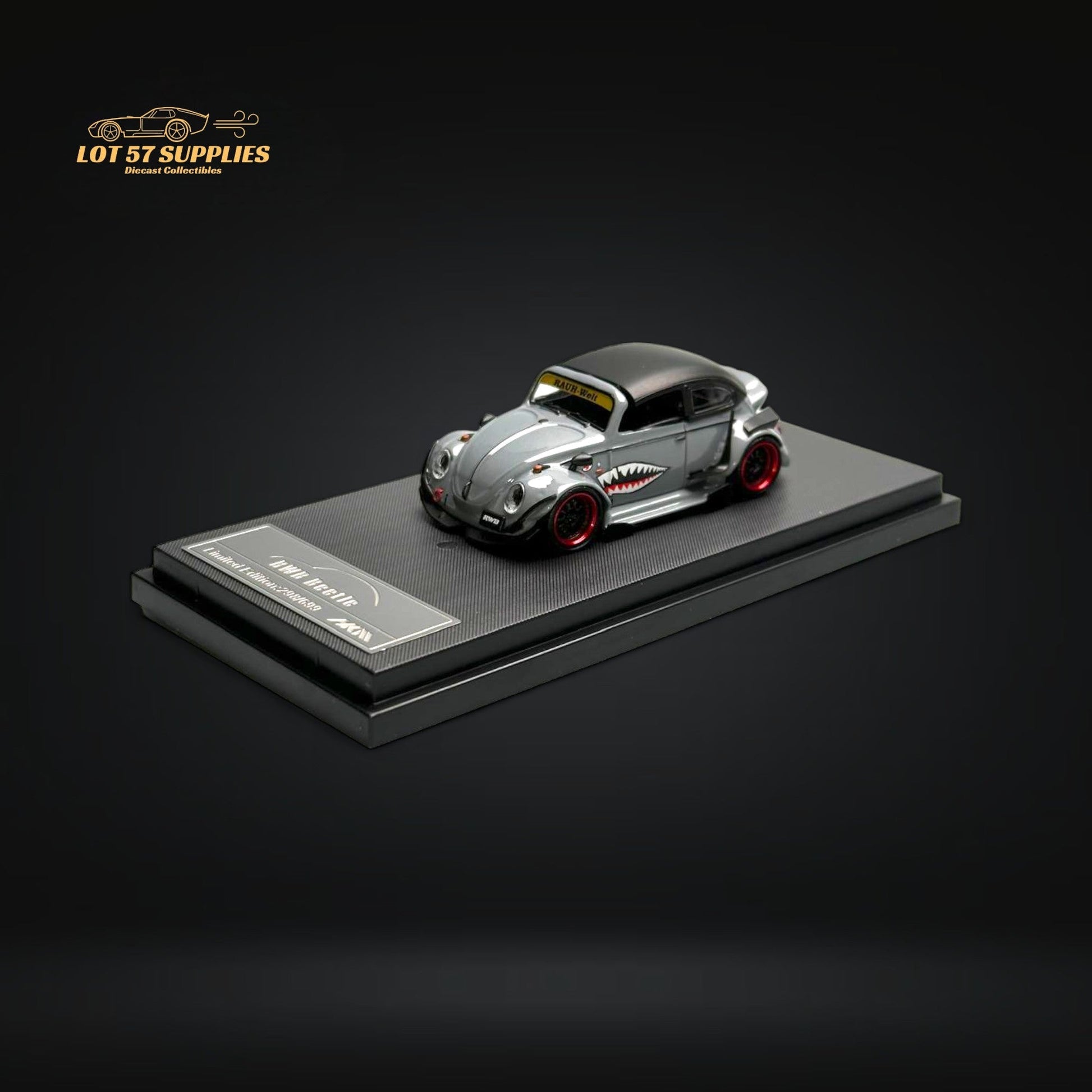 Grey HKM VW Beetle Convertible diecast model in 1:64 scale with shark mouth design, from Lot57Supplies Diecast Shop.