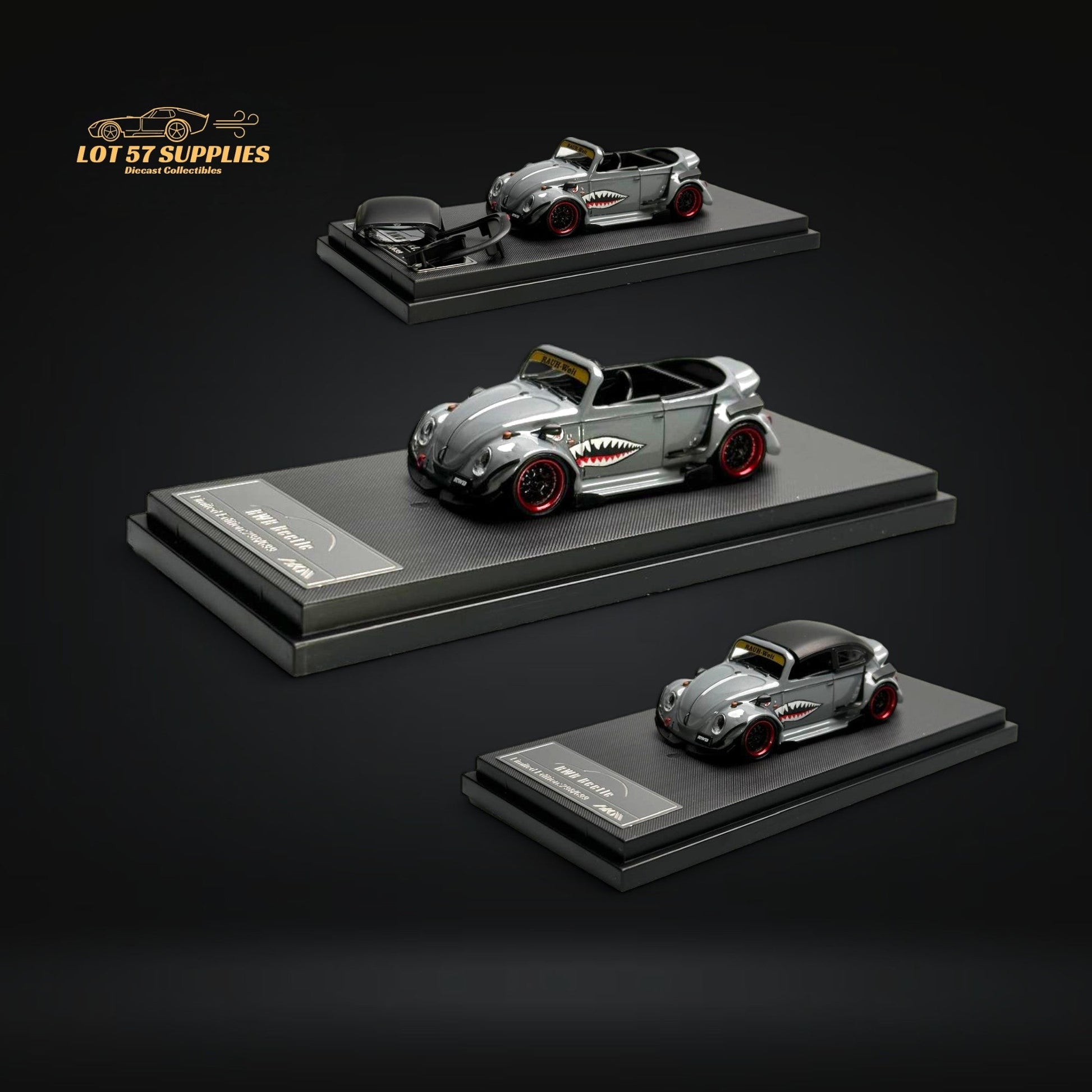 Gray VW Beetle convertible diecast model with shark mouth design, 1:64 scale by HKM, detailed miniature car for collectors