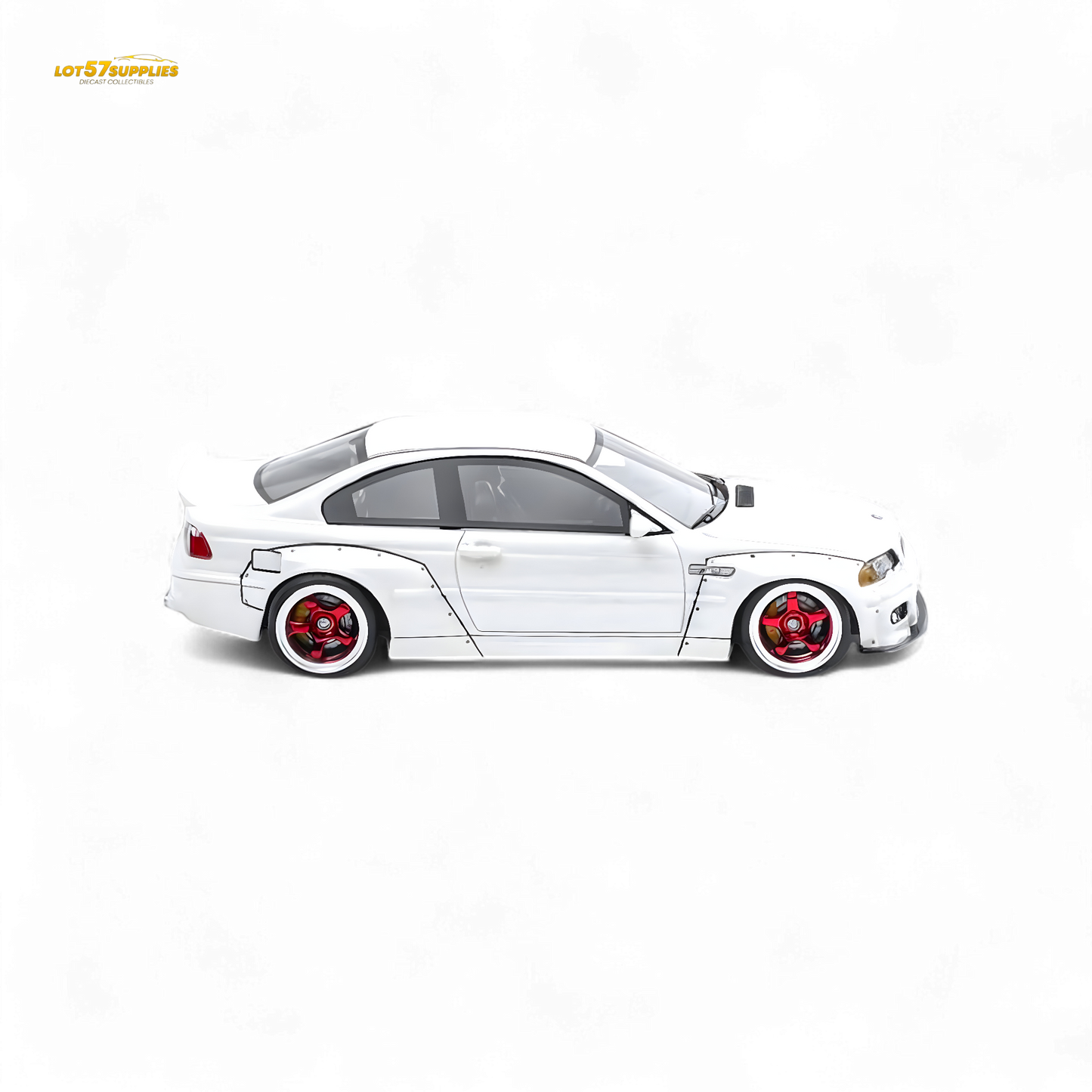 White 1:64 scale BMW M3 E46 Widebody diecast model with Pandem body kit, detailed design, and pearlescent finish.