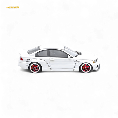 White 1:64 scale BMW M3 E46 Widebody diecast model with Pandem body kit, detailed design, and pearlescent finish.