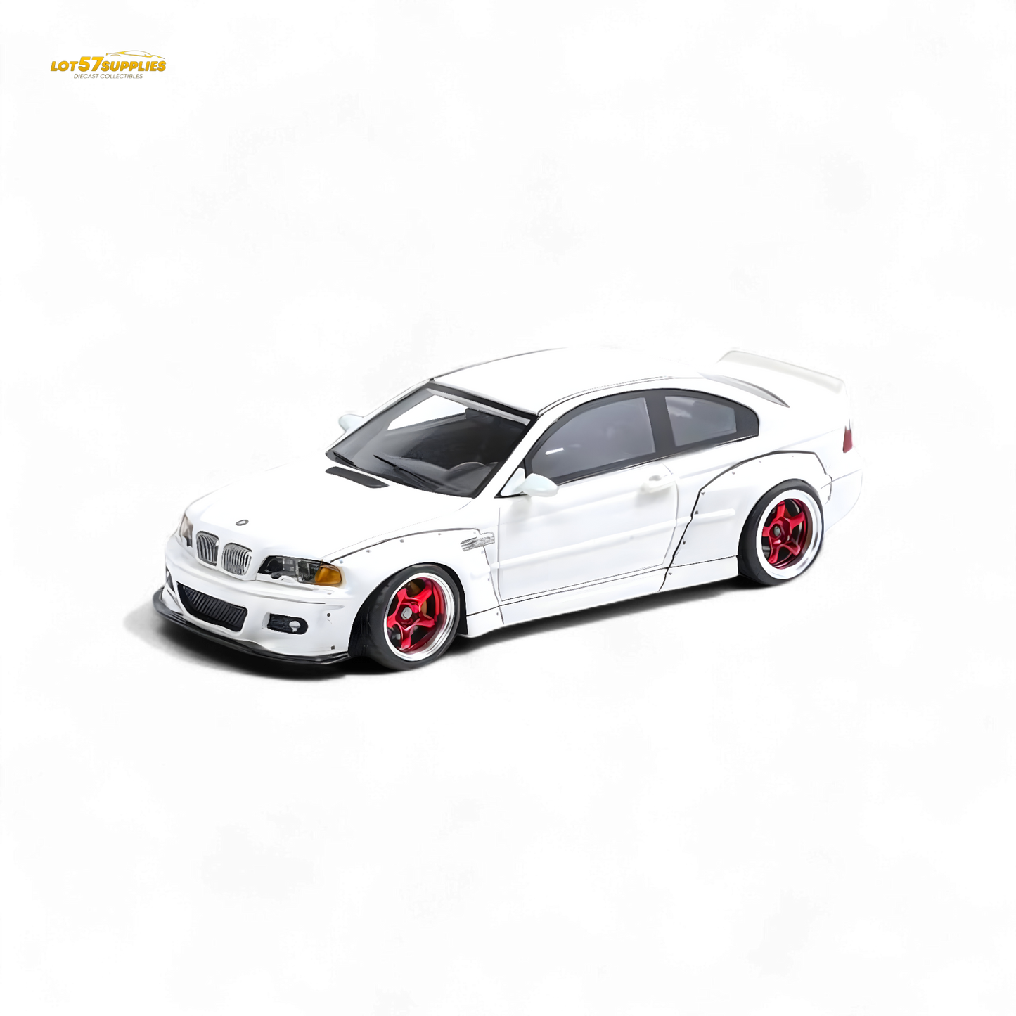 White BMW M3 E46 diecast model with widebody Pandem kit in pearlescent finish, detailed miniature car, 1:64 scale.