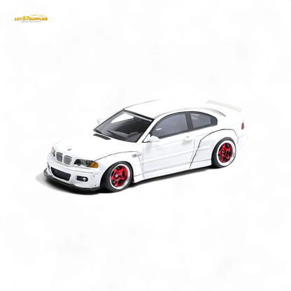 White BMW M3 E46 diecast model with widebody Pandem kit in pearlescent finish, detailed miniature car, 1:64 scale.