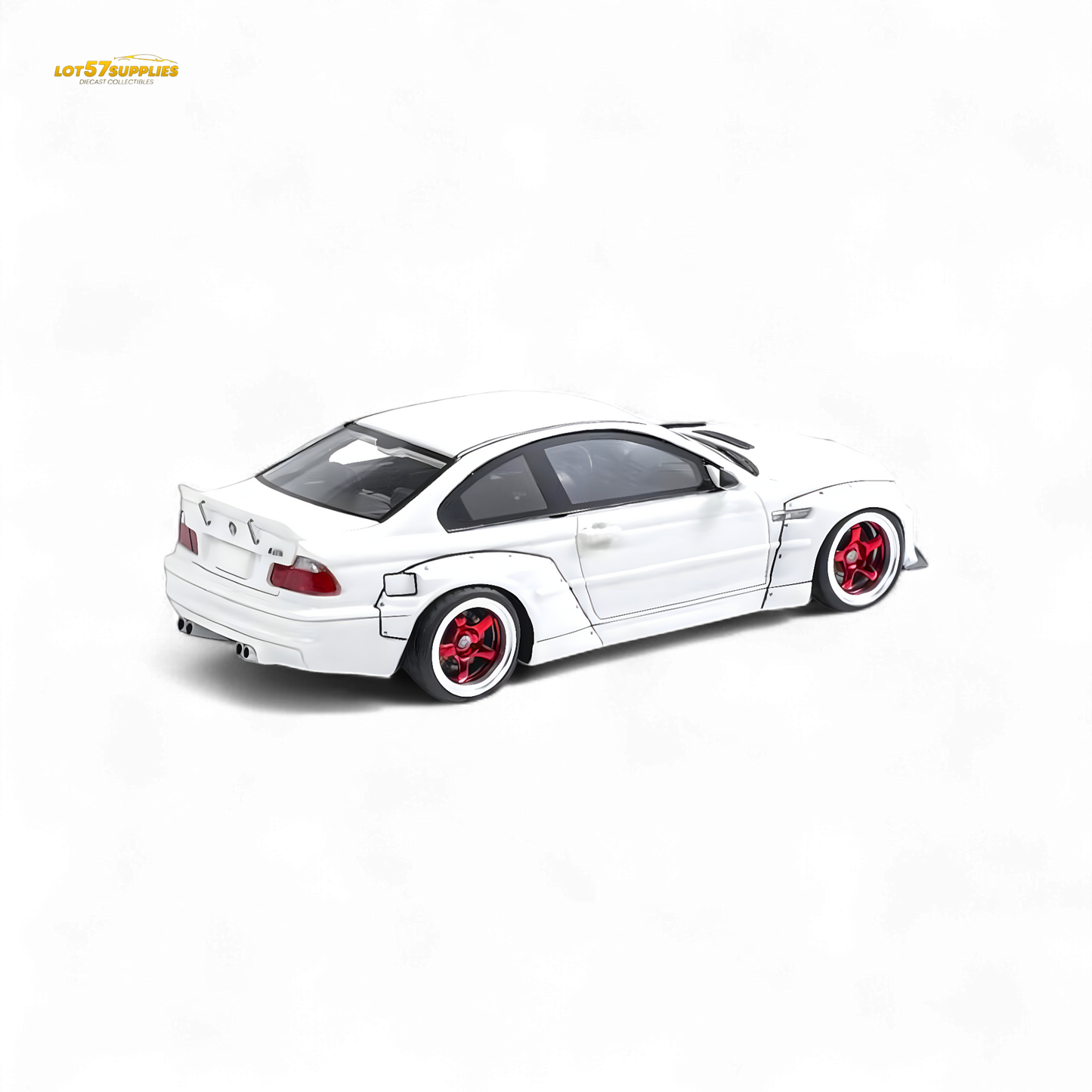 Detailed image of a white Porsche 911 model car featuring widebody design and Pandem styling by Lot57Supplies Diecast Shop.