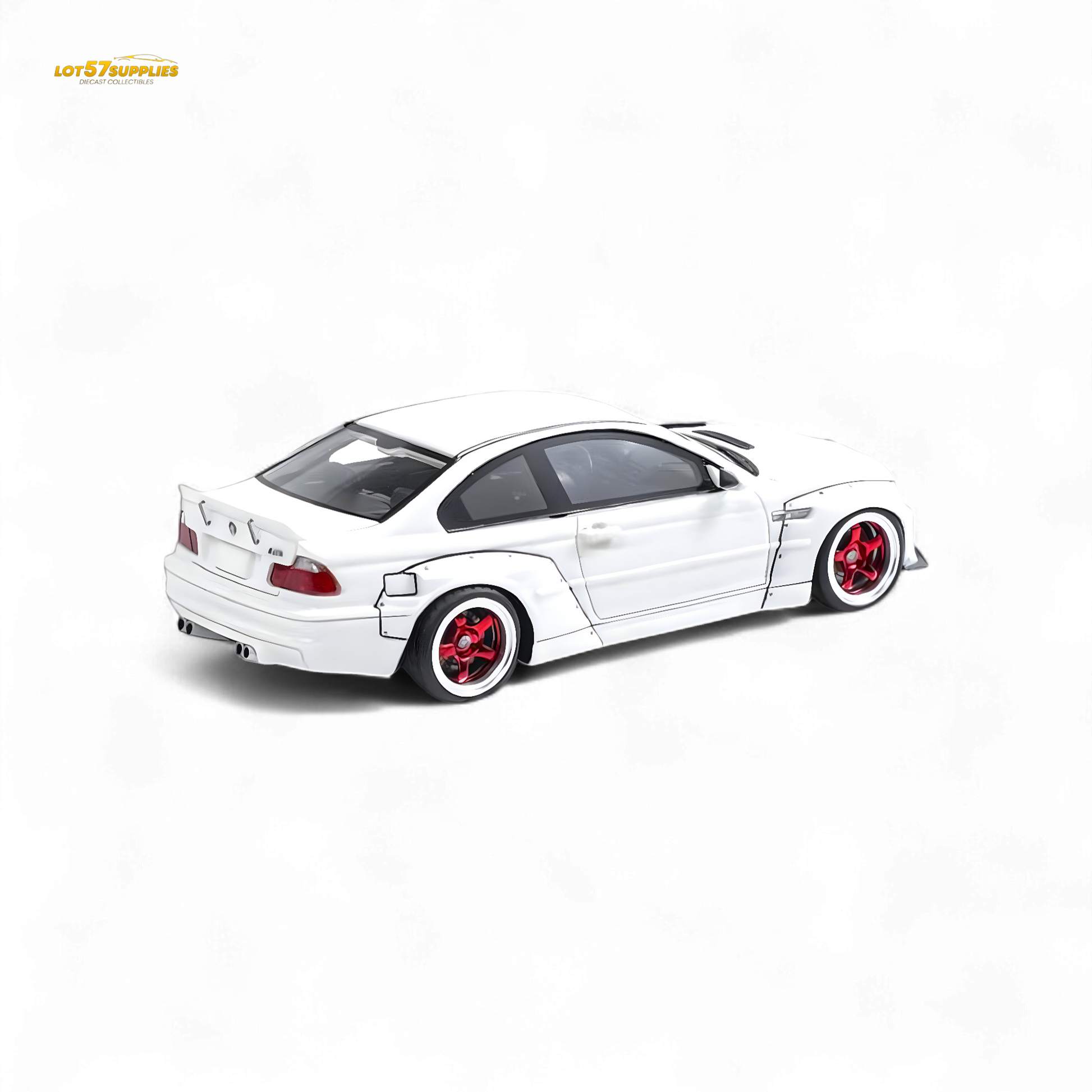 Detailed image of a white Porsche 911 model car featuring widebody design and Pandem styling by Lot57Supplies Diecast Shop.