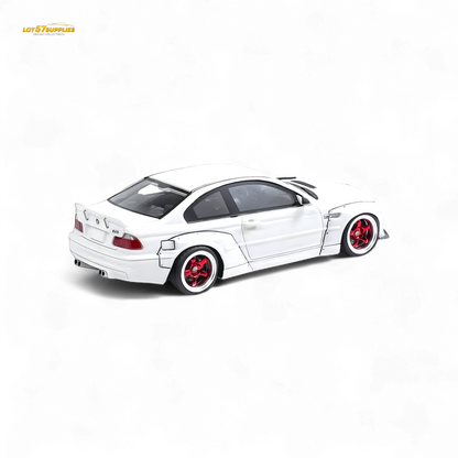 Detailed image of a white Porsche 911 model car featuring widebody design and Pandem styling by Lot57Supplies Diecast Shop.