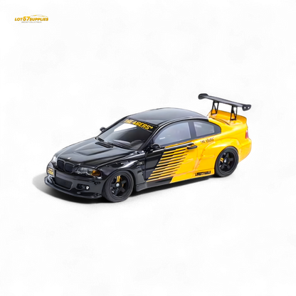 Black and yellow 1:64 scale BMW M3 E46 widebody diecast car by Lot57Supplies with Pandem body kit.