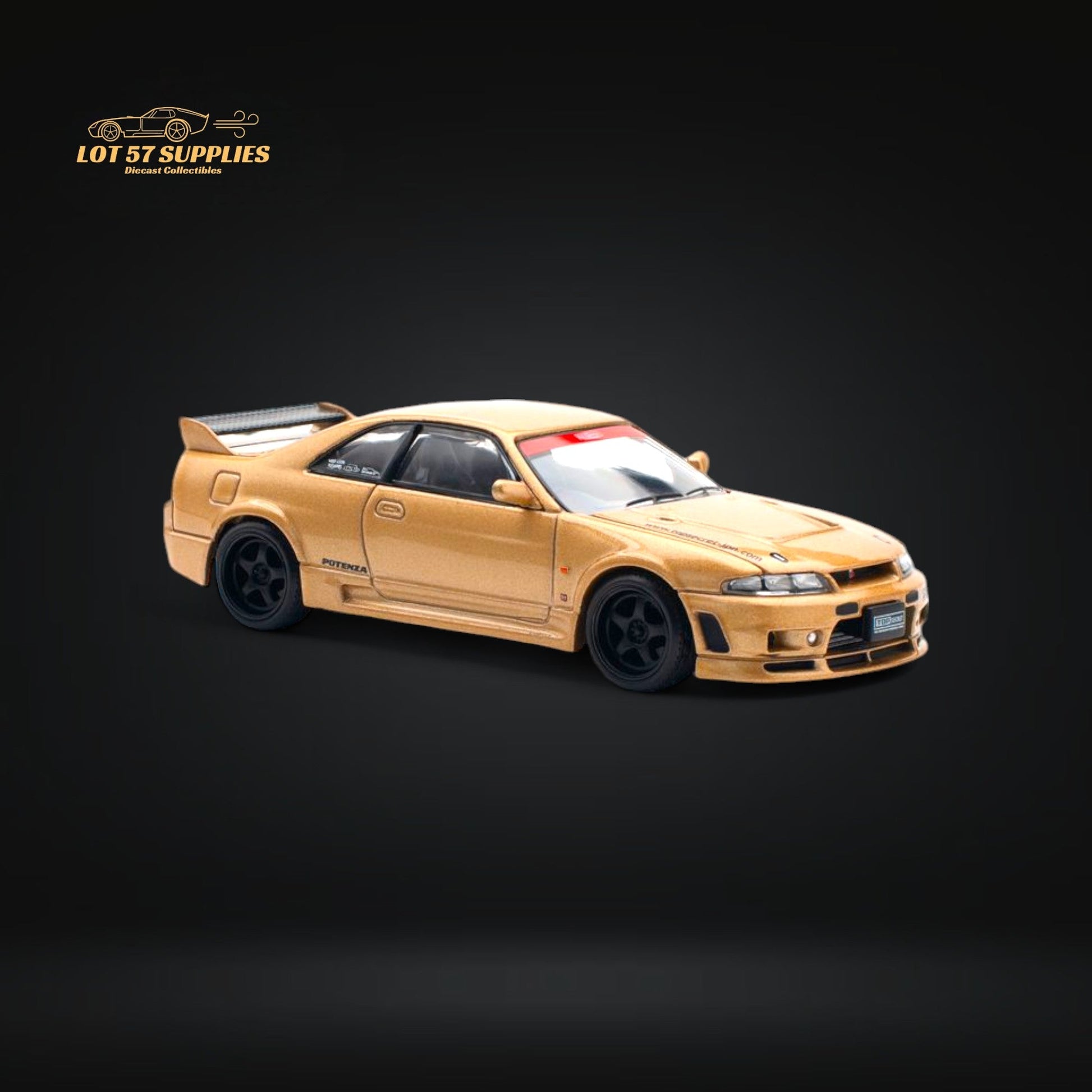Gold Nissan Skyline GT-R R33 diecast model by Lot57Supplies, detailed 1:64 scale race car with Top Secret livery.