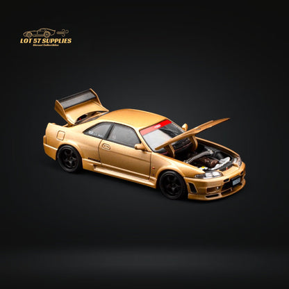Gold diecast model of Nissan Skyline GT-R R33 Top Secret by Lot57Supplies, 1:64 scale, detailed miniature car for collectors.