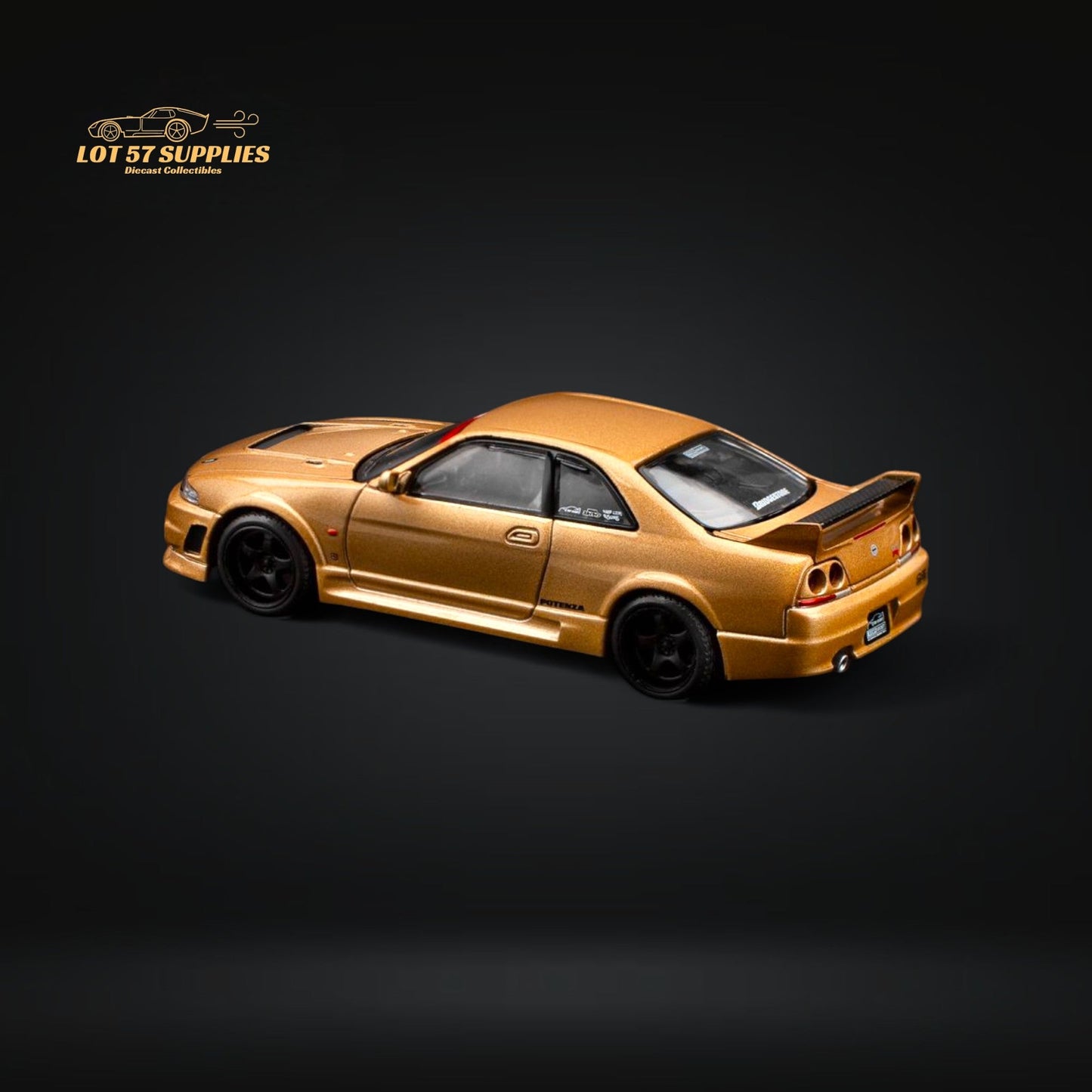 Gold 1:64 scale Nissan Skyline GT-R R33 diecast model by Lot57Supplies, featuring detailed top secret racing design.