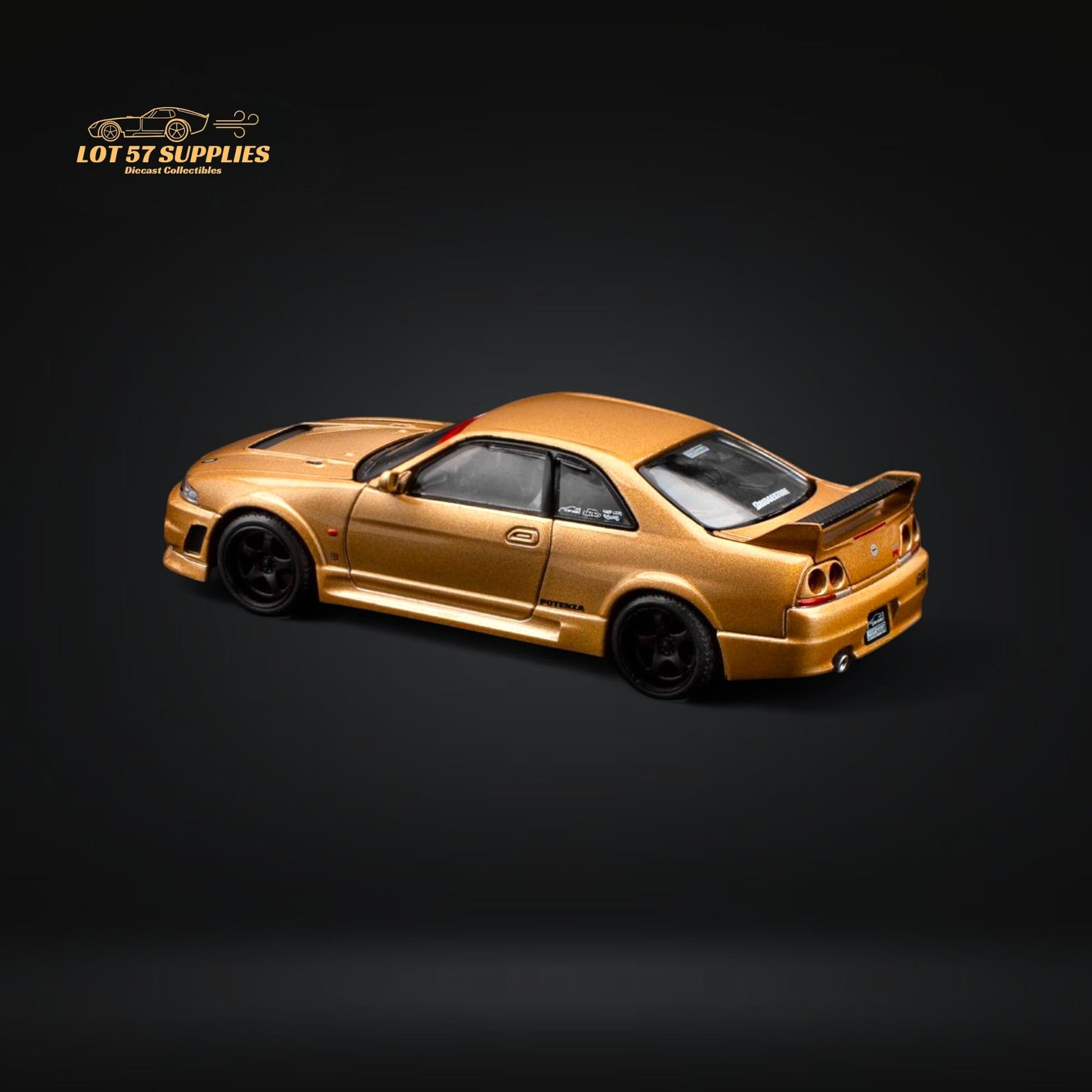 Gold 1:64 scale Nissan Skyline GT-R R33 diecast model by Lot57Supplies, featuring detailed top secret racing design.