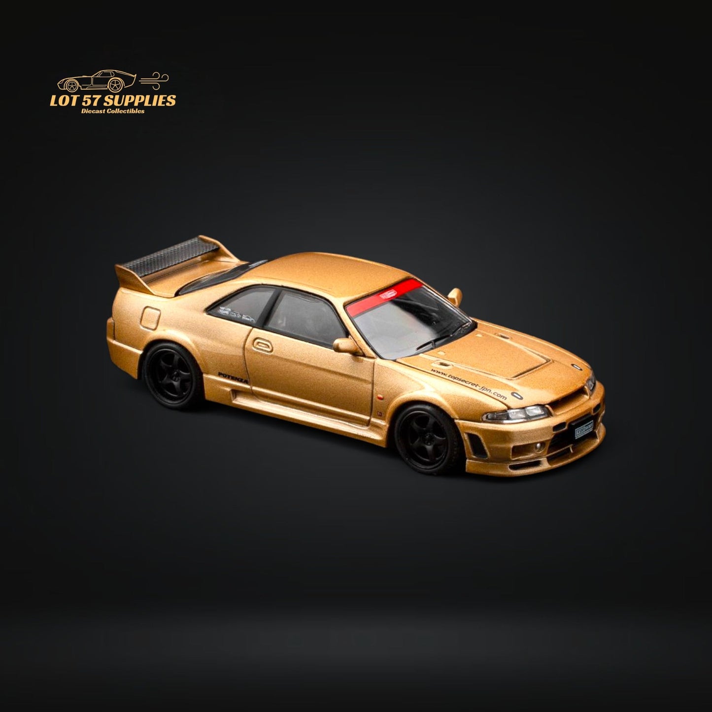 Gold Nissan Skyline GT-R R33 diecast model from Pop Race by Lot57Supplies, featuring detailed exterior in 1:64 scale.