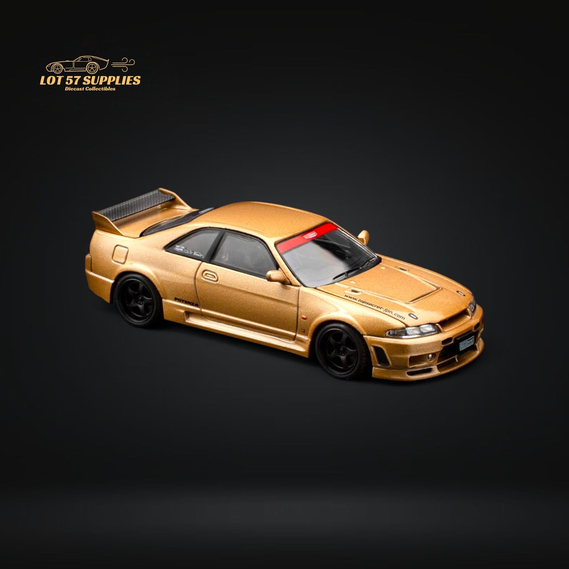 Gold Nissan Skyline GT-R R33 diecast model from Pop Race by Lot57Supplies, featuring detailed exterior in 1:64 scale.