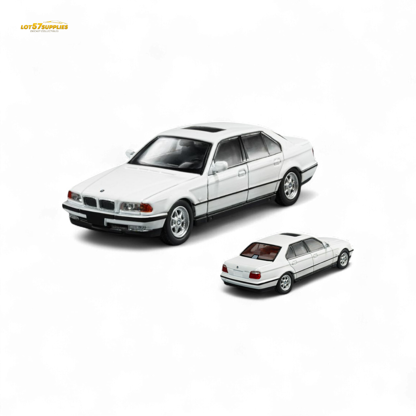 Diecast BMW E38 740iL model in 1:64 scale by Lot57Supplies Diecast Shop, showing detailed exterior in silver finish.