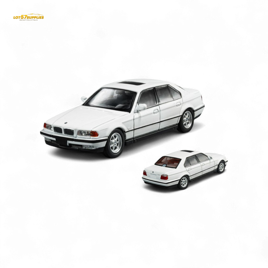 Diecast BMW E38 740iL model in 1:64 scale by Lot57Supplies Diecast Shop, showing detailed exterior in silver finish.