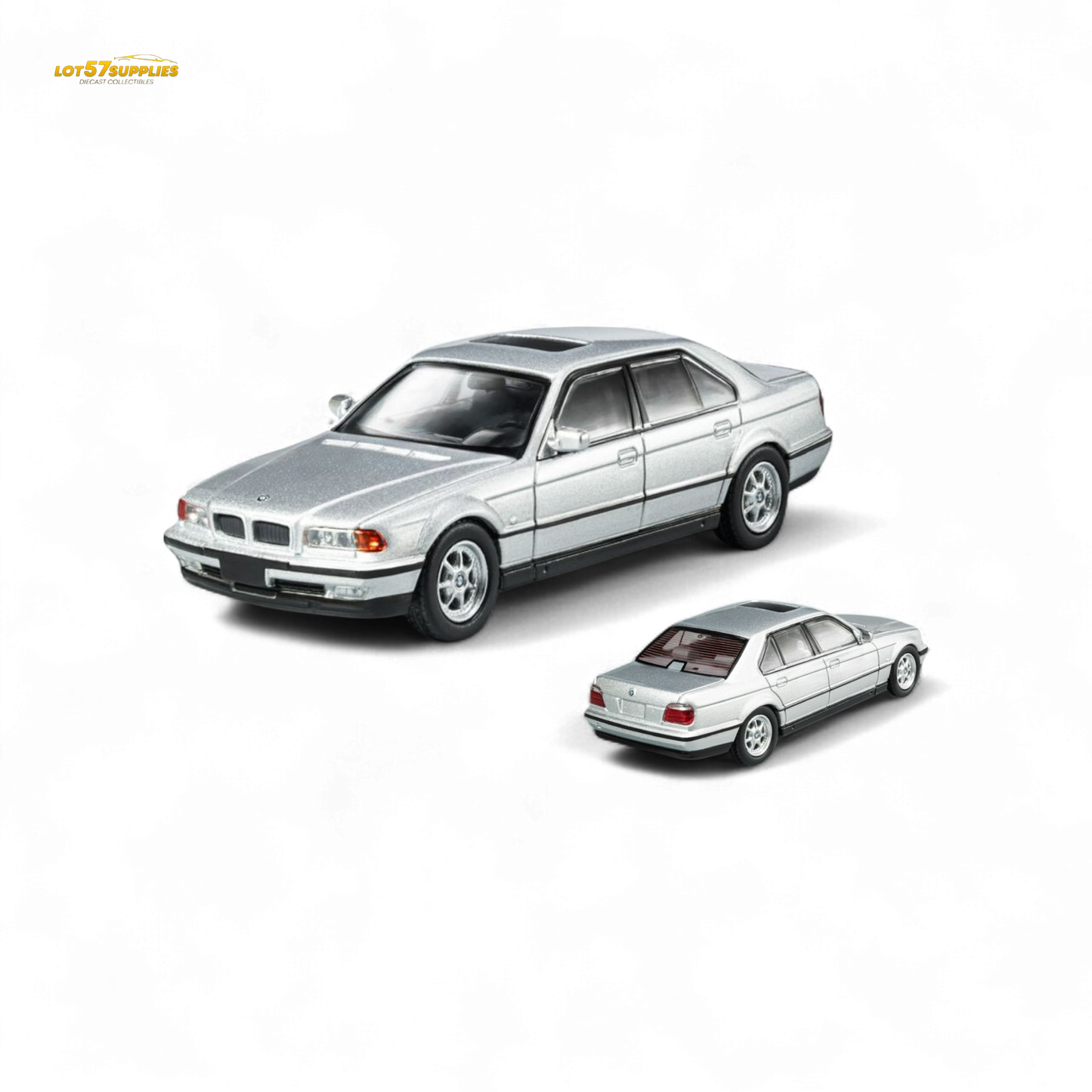 Silver 1:64 scale BMW E38 740iL diecast model car, detailed replica from Lot57Supplies Diecast Shop.