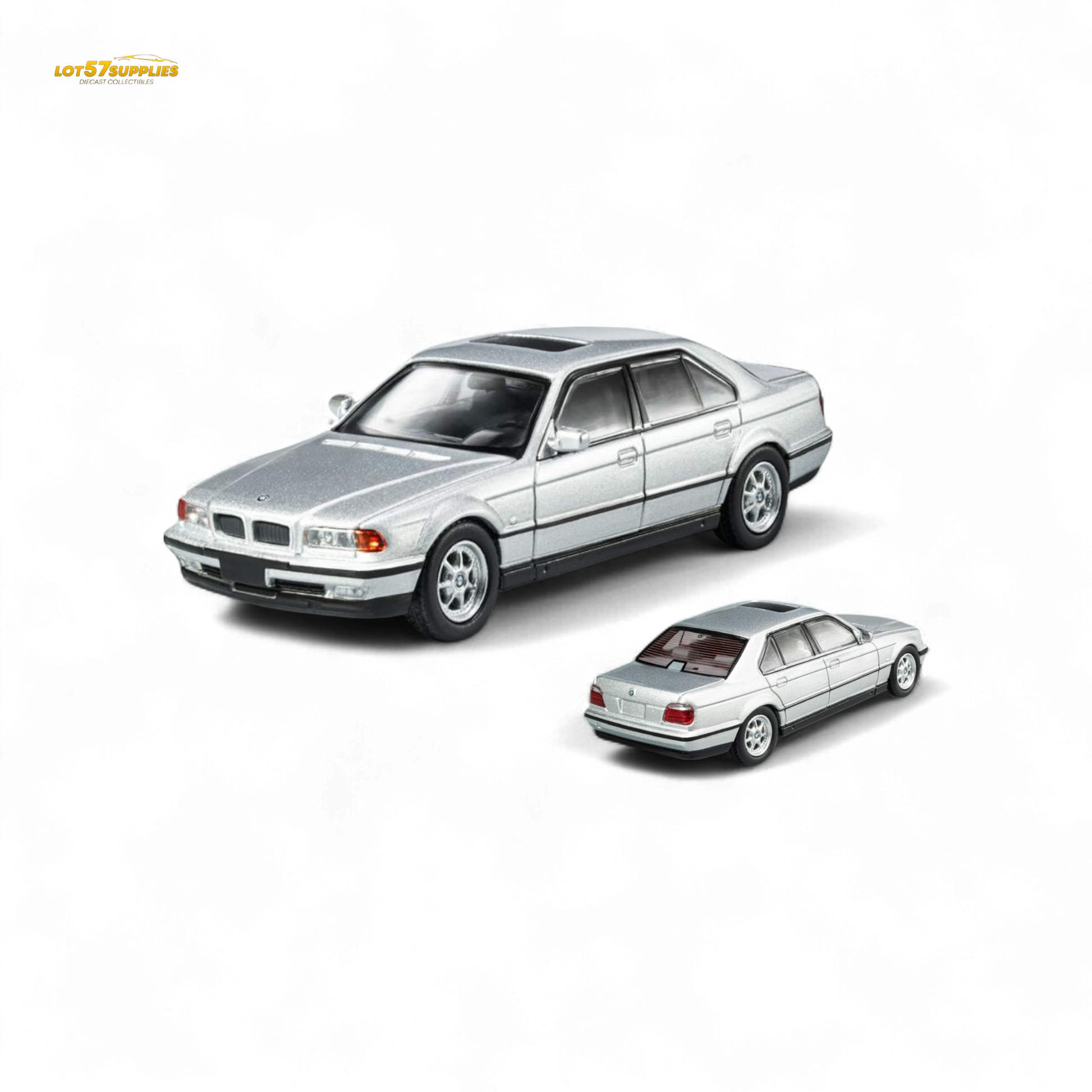 Silver 1:64 scale BMW E38 740iL diecast model car, detailed replica from Lot57Supplies Diecast Shop.
