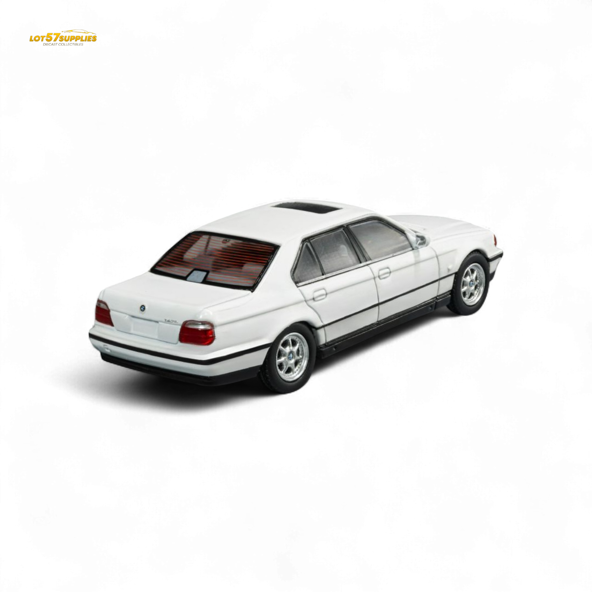 Diecast model of a BMW E38 740iL in 1:64 scale by Lot57Supplies Diecast Shop, detailed miniature car with realistic features