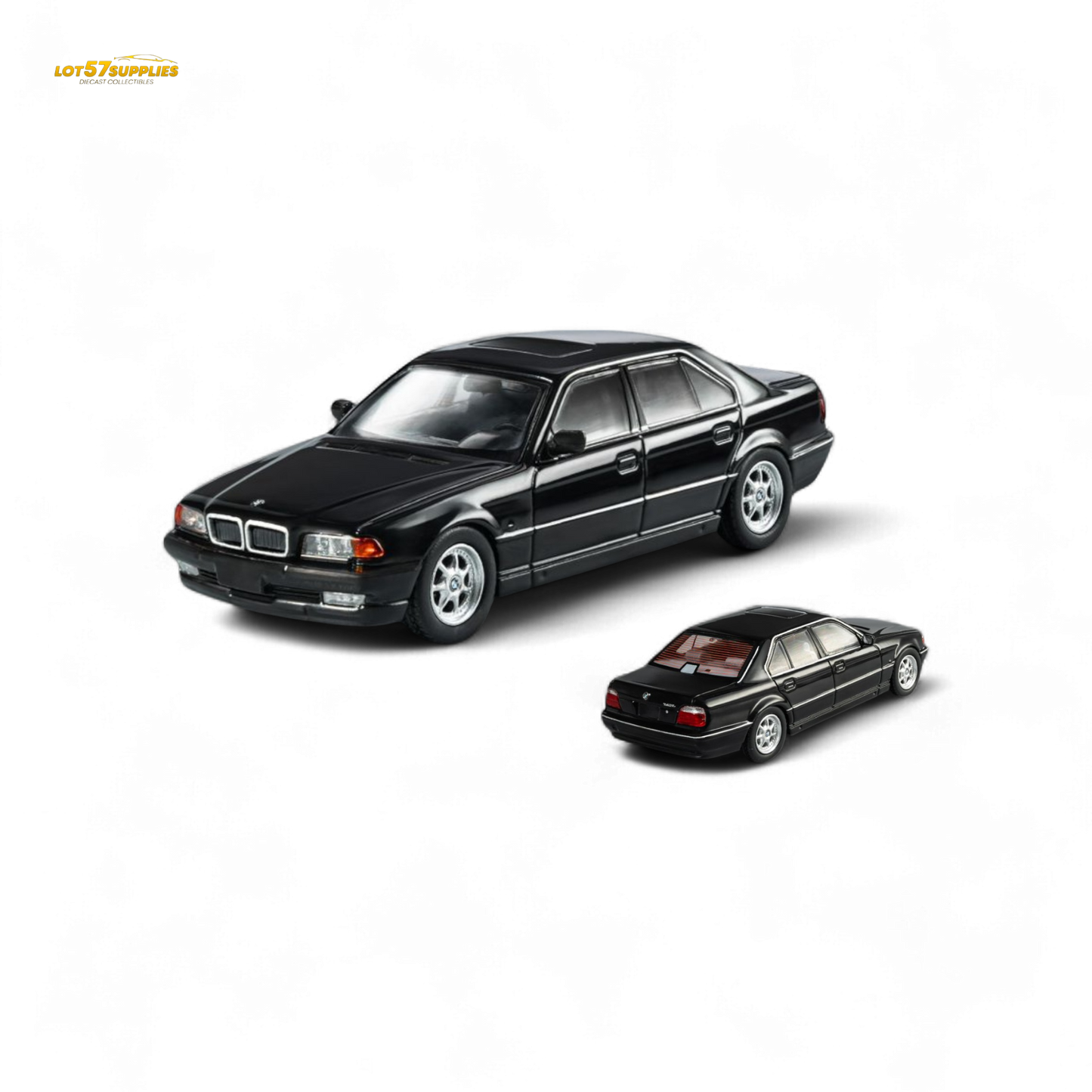Black BMW E38 740iL diecast model in 1:64 scale from Lot57Supplies Diecast Shop, detailed miniature vehicle for collectors.