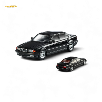 Black BMW E38 740iL diecast model in 1:64 scale from Lot57Supplies Diecast Shop, detailed miniature vehicle for collectors.