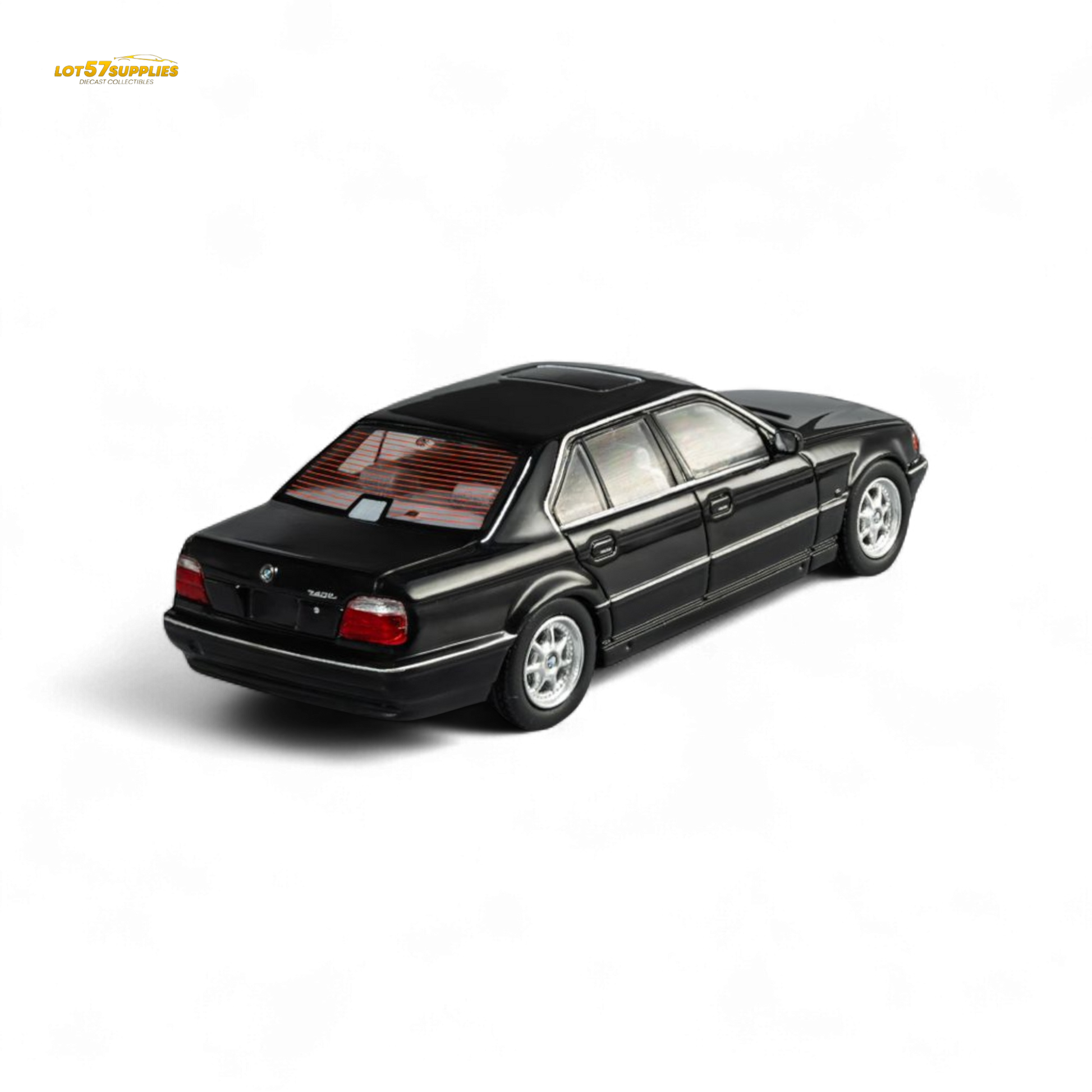 Black BMW E38 740iL diecast model in 1:64 scale by Lot57Supplies Diecast Shop, detailed miniature car for collectors.
