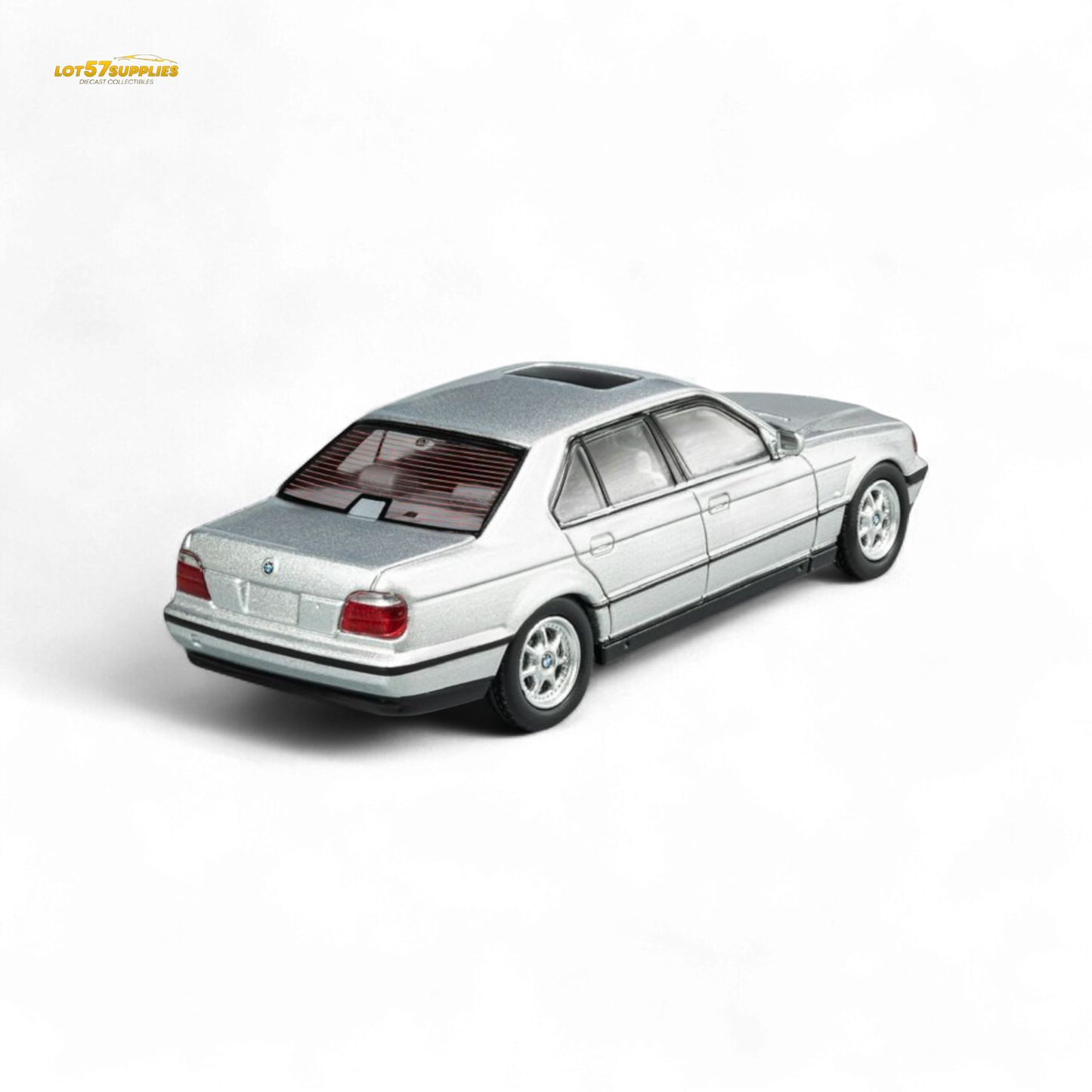 Silver BMW E38 740iL 7-Series diecast model by Lot57Supplies, detailed miniature car in 1:64 scale.