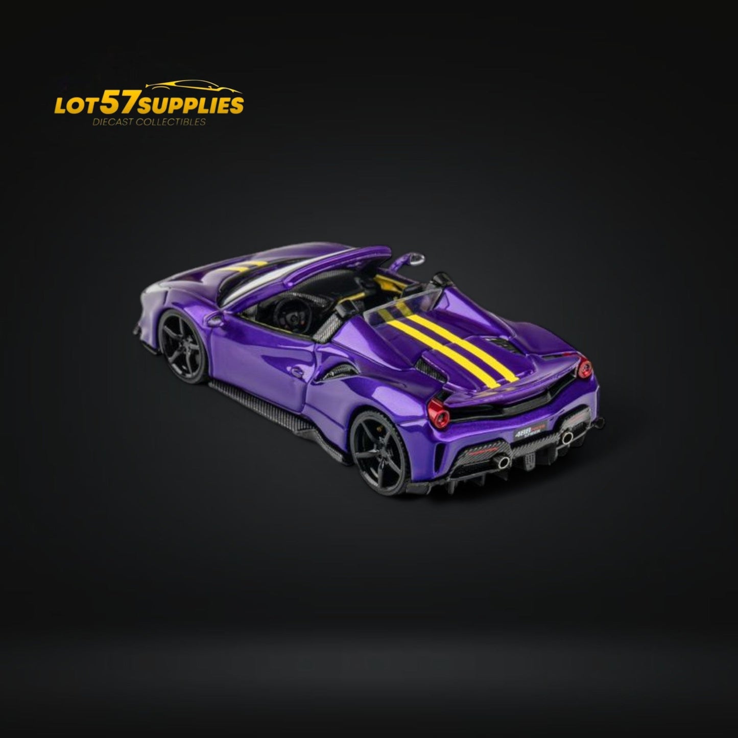 Deep purple TPC Novitec Ferrari 488 Roadster diecast model in 1:64 scale, detailed miniature car for collectors.