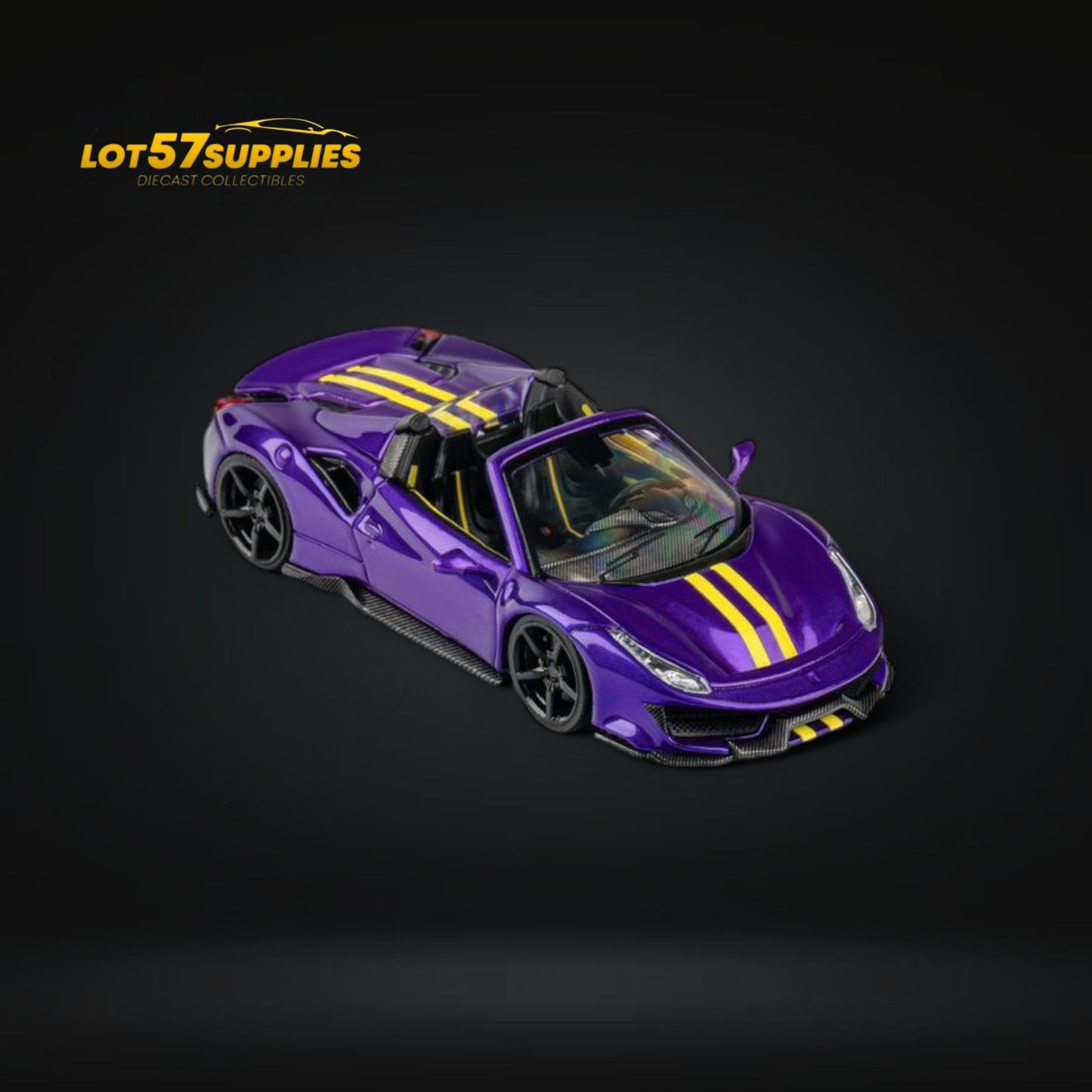 Deep purple TPC Novitec Ferrari 488 Roadster diecast model in 1:64 scale, showcasing detailed exterior and sleek design.