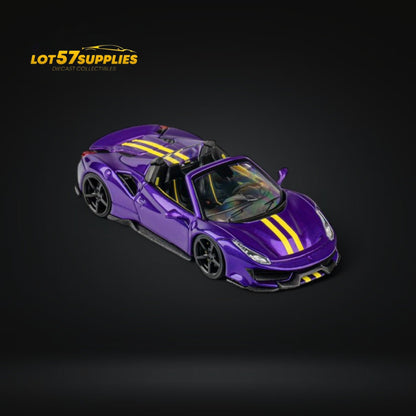 Deep purple TPC Novitec Ferrari 488 Roadster diecast model in 1:64 scale, showcasing detailed exterior and sleek design.