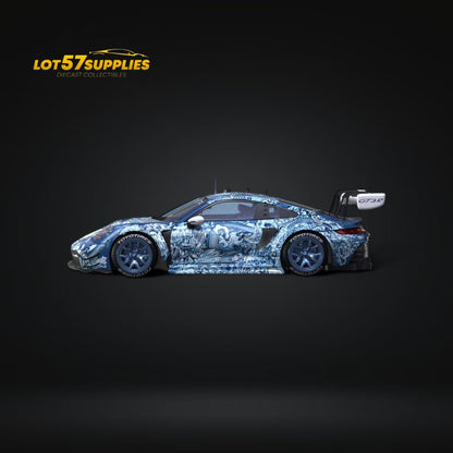 Green Ocean Porsche 911 GT3 R diecast model in 1:64 scale by Lot57Supplies Diecast Shop, showing detailed exterior and racing design.