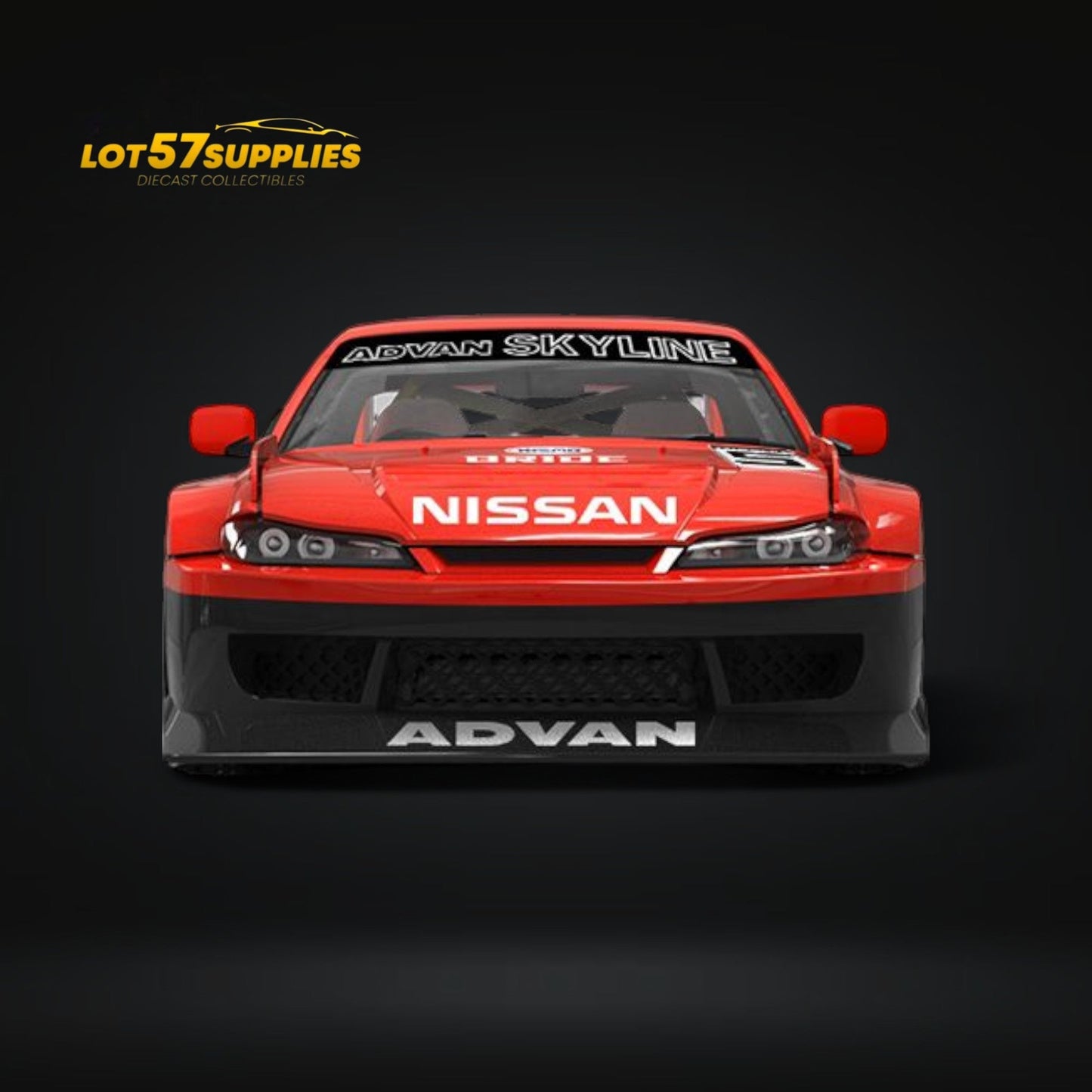 Pre-order Lot57Supplies Diecast S15 Silvia model in Advan LBWK livery with container, 1:64 scale, detailed collectible car.