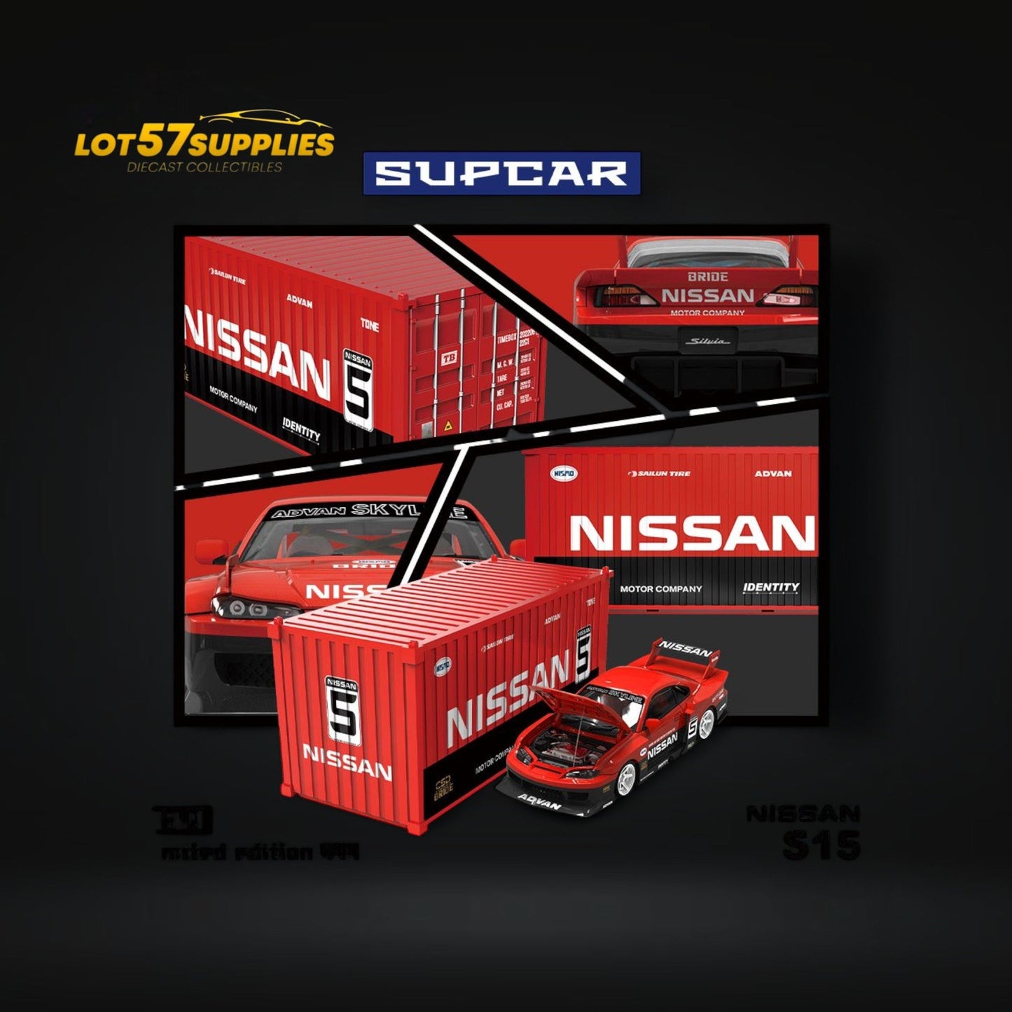 Pre-order Lot57Supplies diecast S15 Silvia car with Advan LBWK livery, 1:64 scale, displayed in a container.
