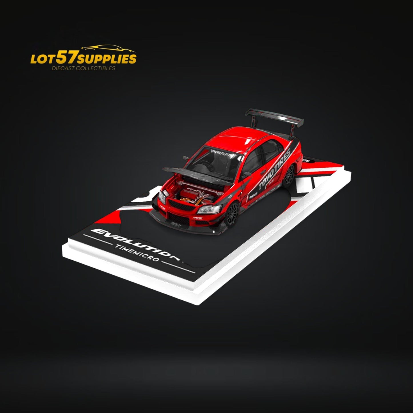 Red Mitsubishi EVO 9 TimeMicro diecast model in red with detailed features, part of the Mitsubishi collection by Lot57Supplies.