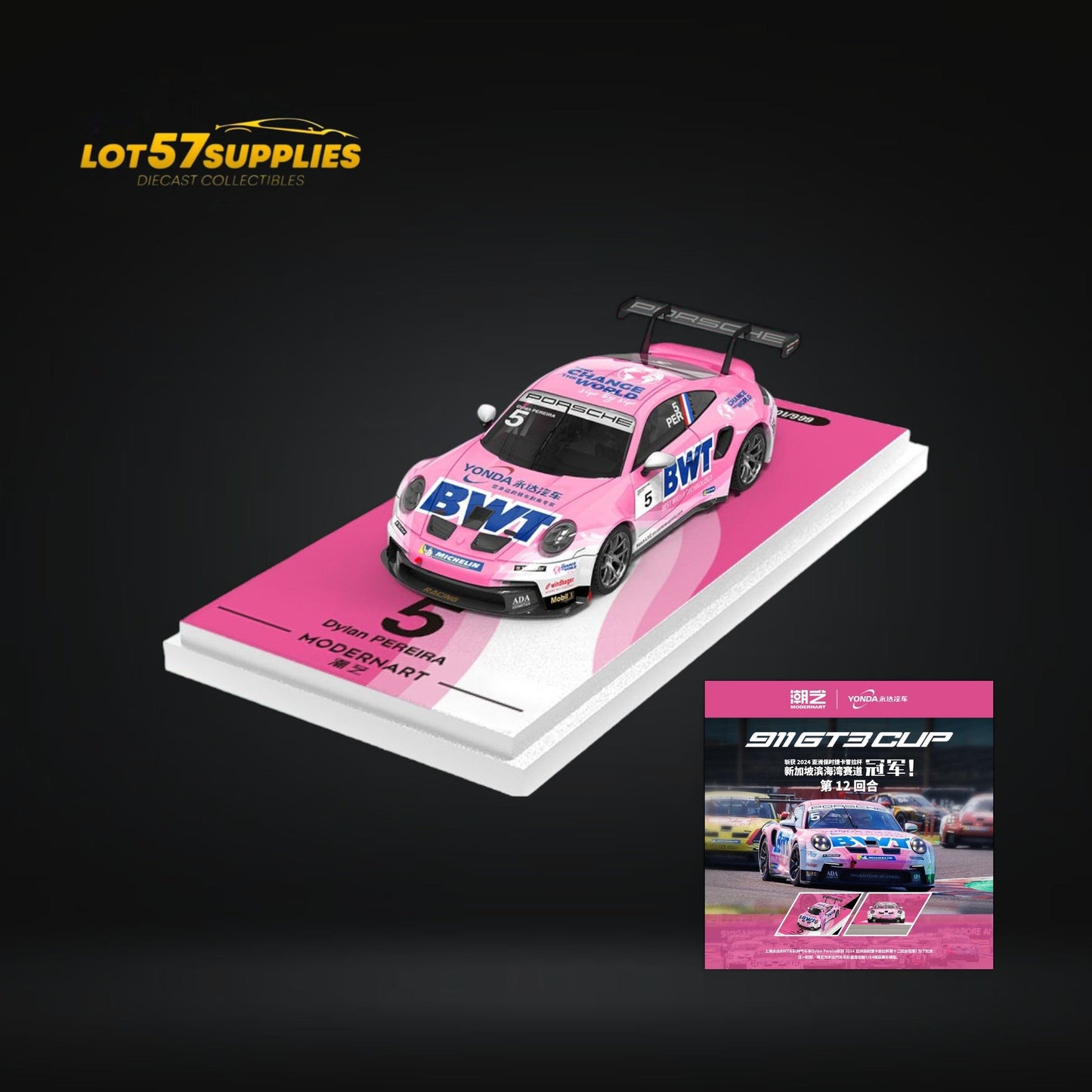 ModernArt Porsche 911 GT3 Cup diecast model in BWT pink livery, detailed 1:64 scale car with vibrant pink and sponsor decals.