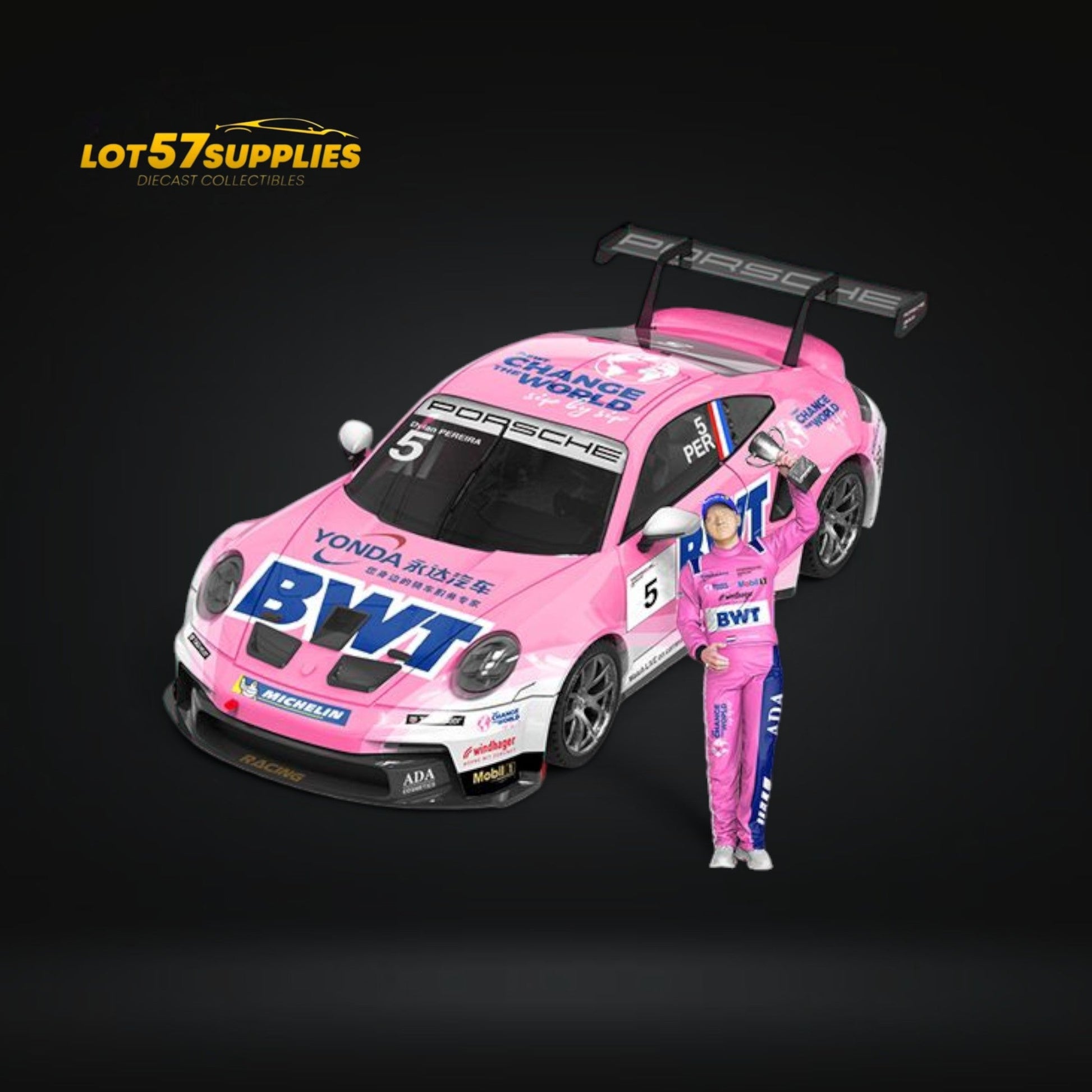 Diecast Porsche 911 GT3 Cup model in BWT Pink livery with figure, 1:64 scale, by Lot57Supplies Diecast Shop.
