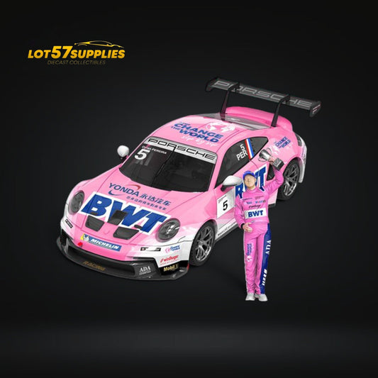 Diecast Porsche 911 GT3 Cup model in BWT Pink livery with figure, 1:64 scale, by Lot57Supplies Diecast Shop.